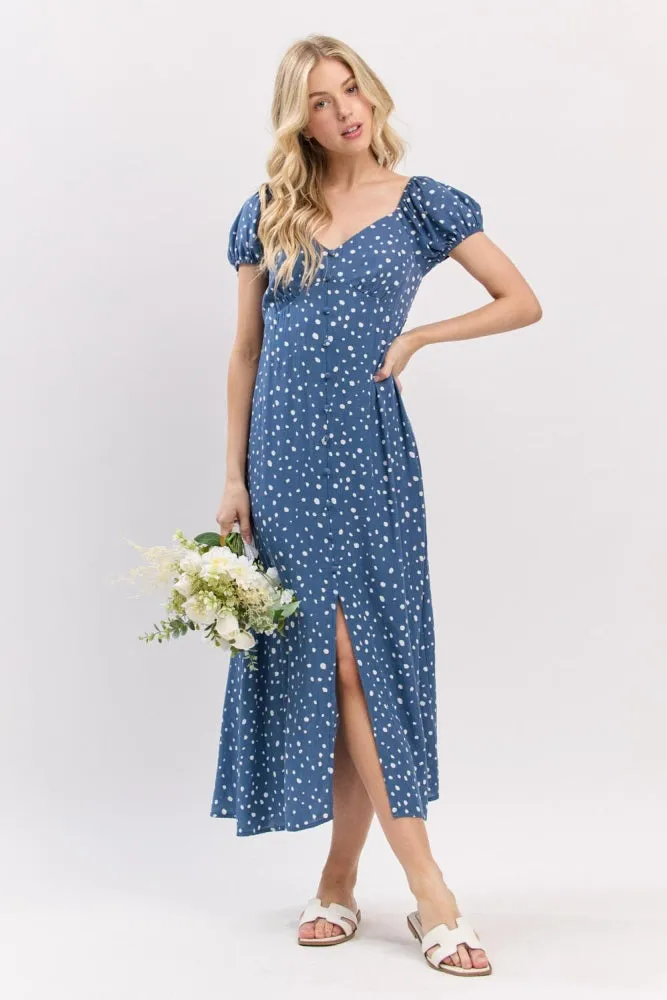 Blue Printed Button Accent Puff Sleeve Maternity Midi Dress sold by Pinkblush product image thumbnail 5
