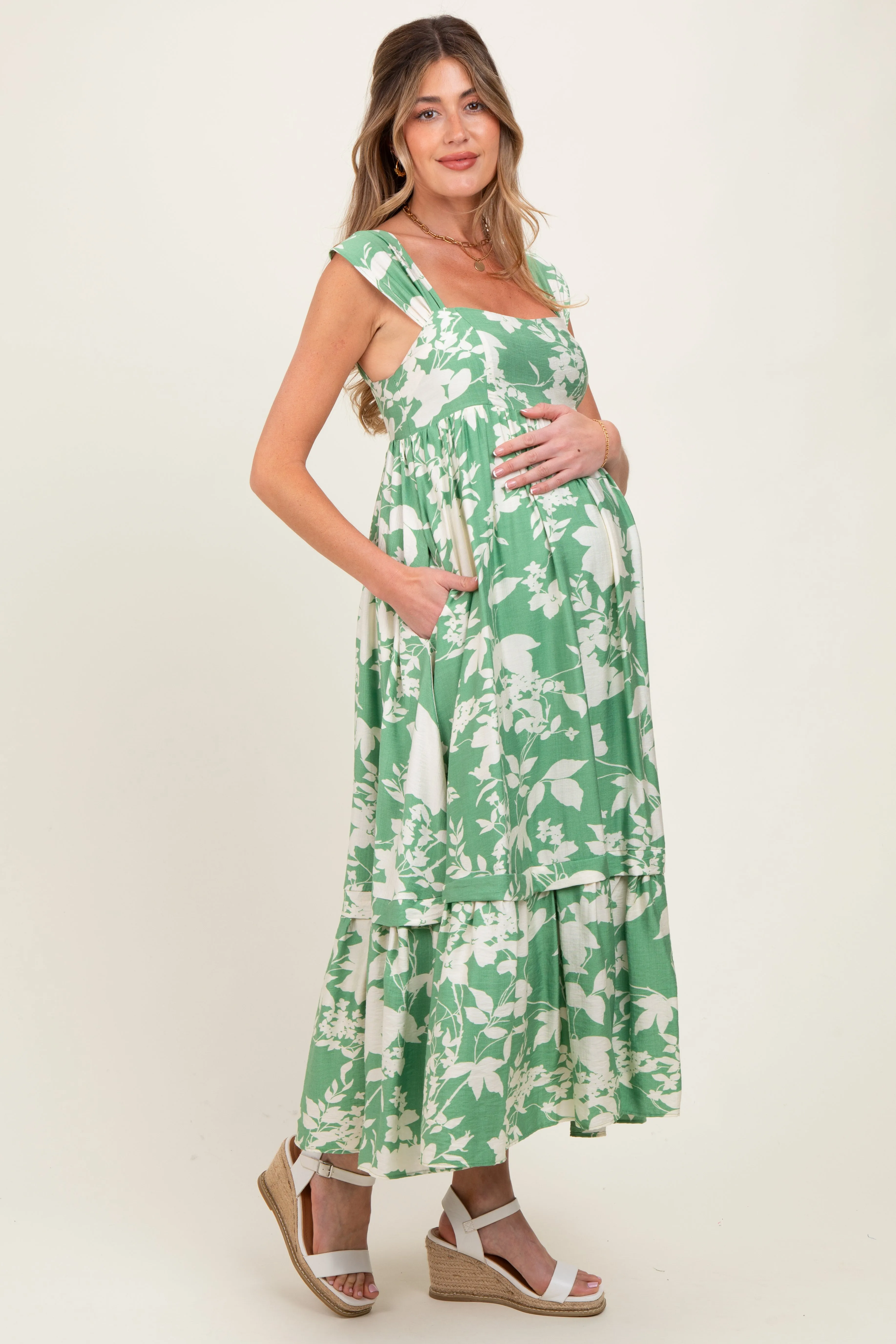 Mint Green Floral Square Neck Maternity Midi Dress sold by Pinkblush product image thumbnail 2