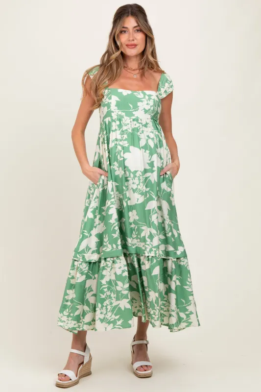 Mint Green Floral Square Neck Maternity Midi Dress sold by Pinkblush