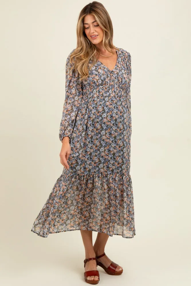 Blue Floral Smocked Waist Maternity Maxi Dress sold by Pinkblush