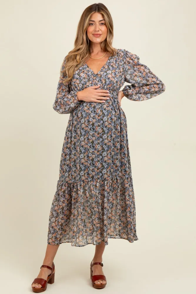 Blue Floral Smocked Waist Maternity Maxi Dress sold by Pinkblush product image thumbnail 2