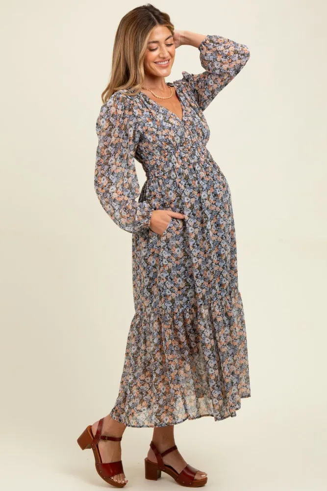 Blue Floral Smocked Waist Maternity Maxi Dress sold by Pinkblush product image thumbnail 3