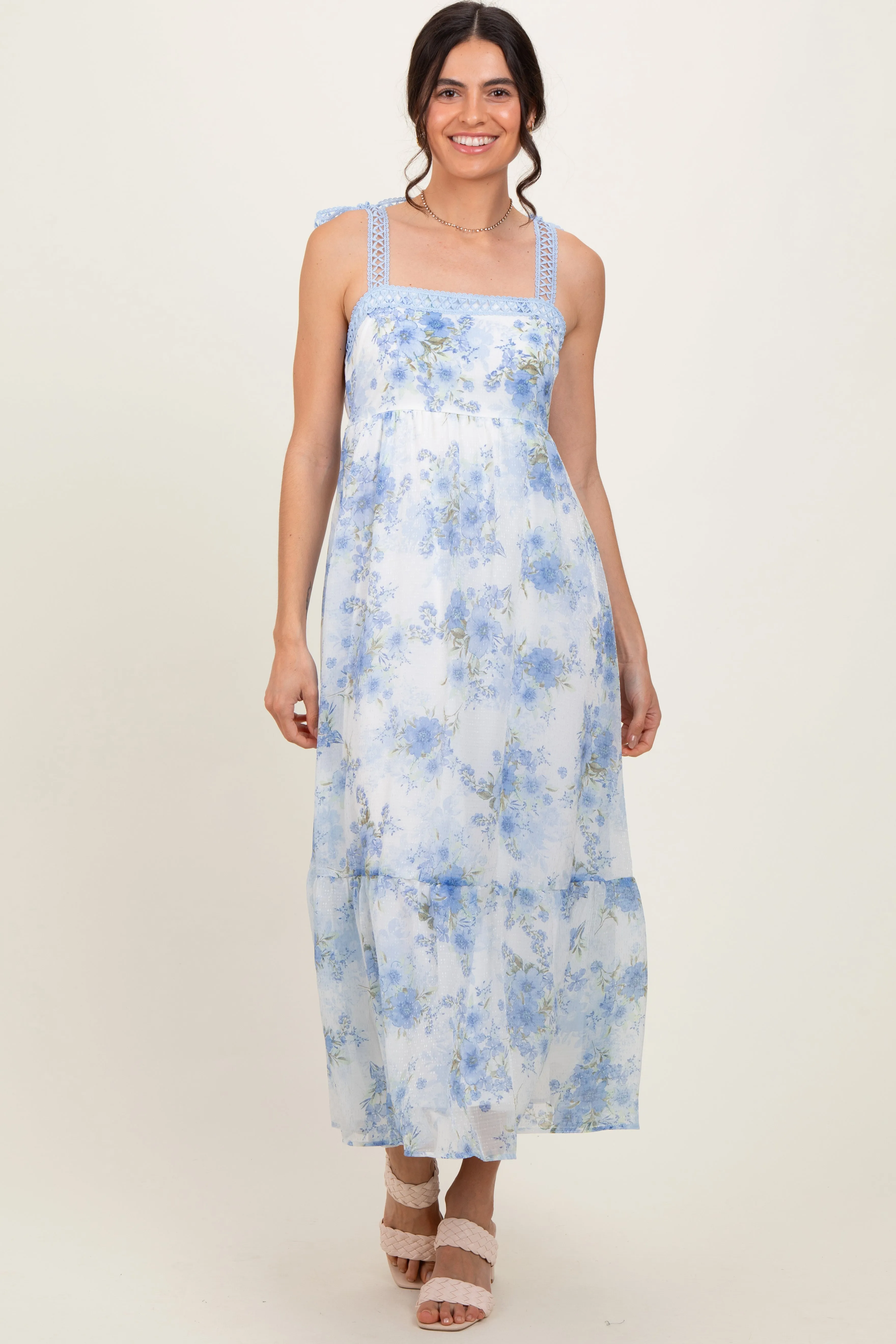 Blue Floral Chiffon Overlay Lace Shoulder Tie Midi Dress sold by Pinkblush product image thumbnail 2
