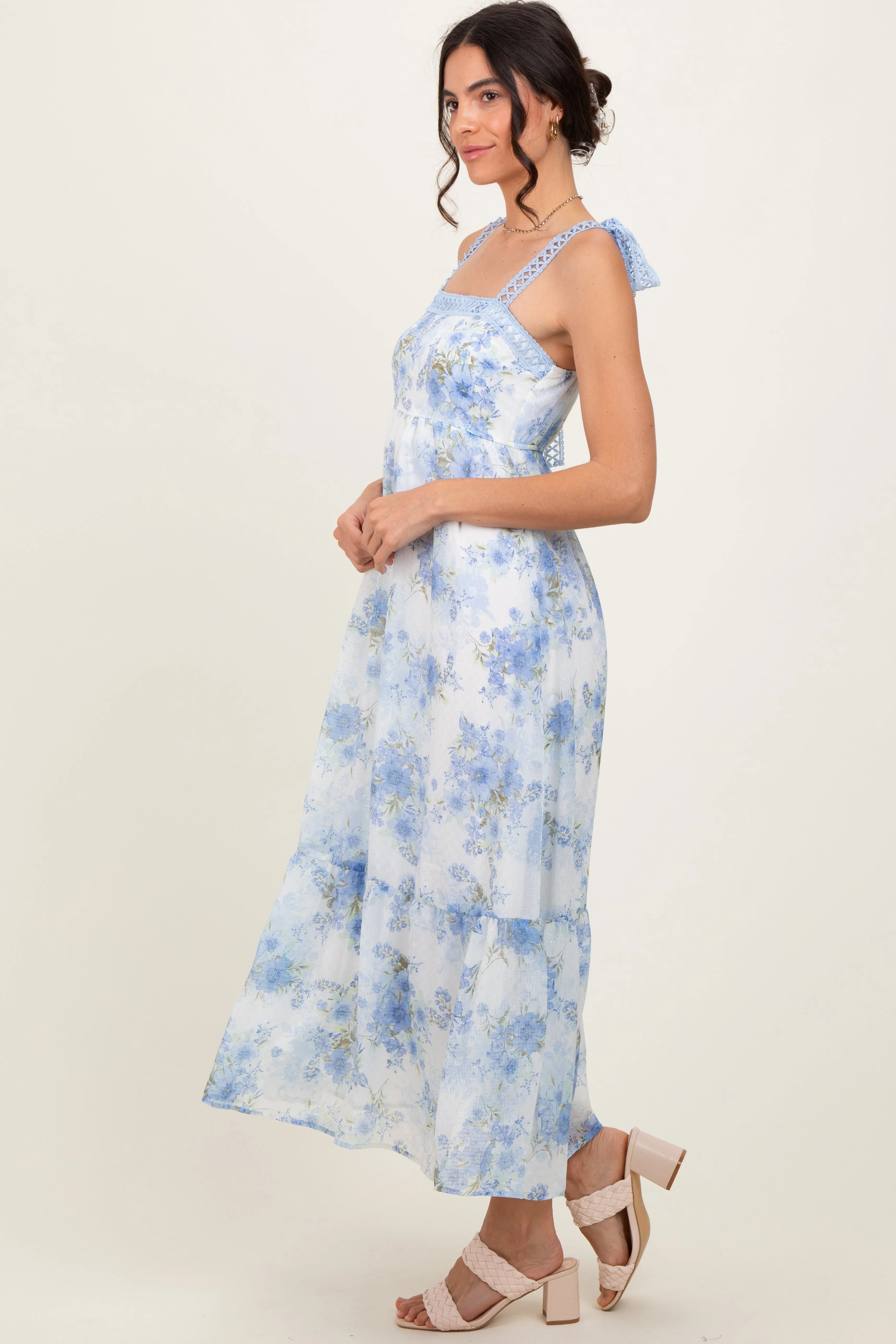 Blue Floral Chiffon Overlay Lace Shoulder Tie Midi Dress sold by Pinkblush product image thumbnail 3