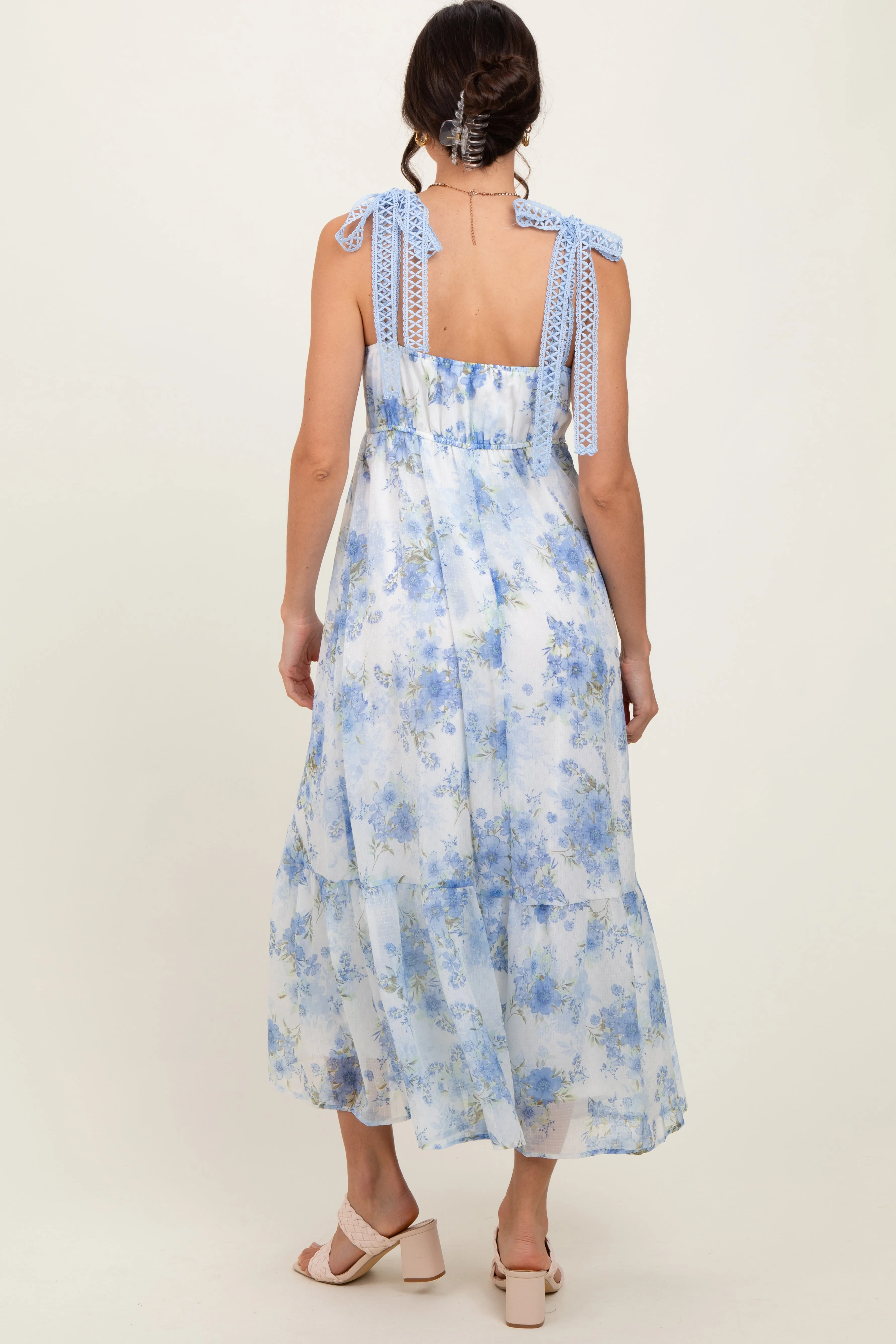 Blue Floral Chiffon Overlay Lace Shoulder Tie Midi Dress sold by Pinkblush product image thumbnail 4