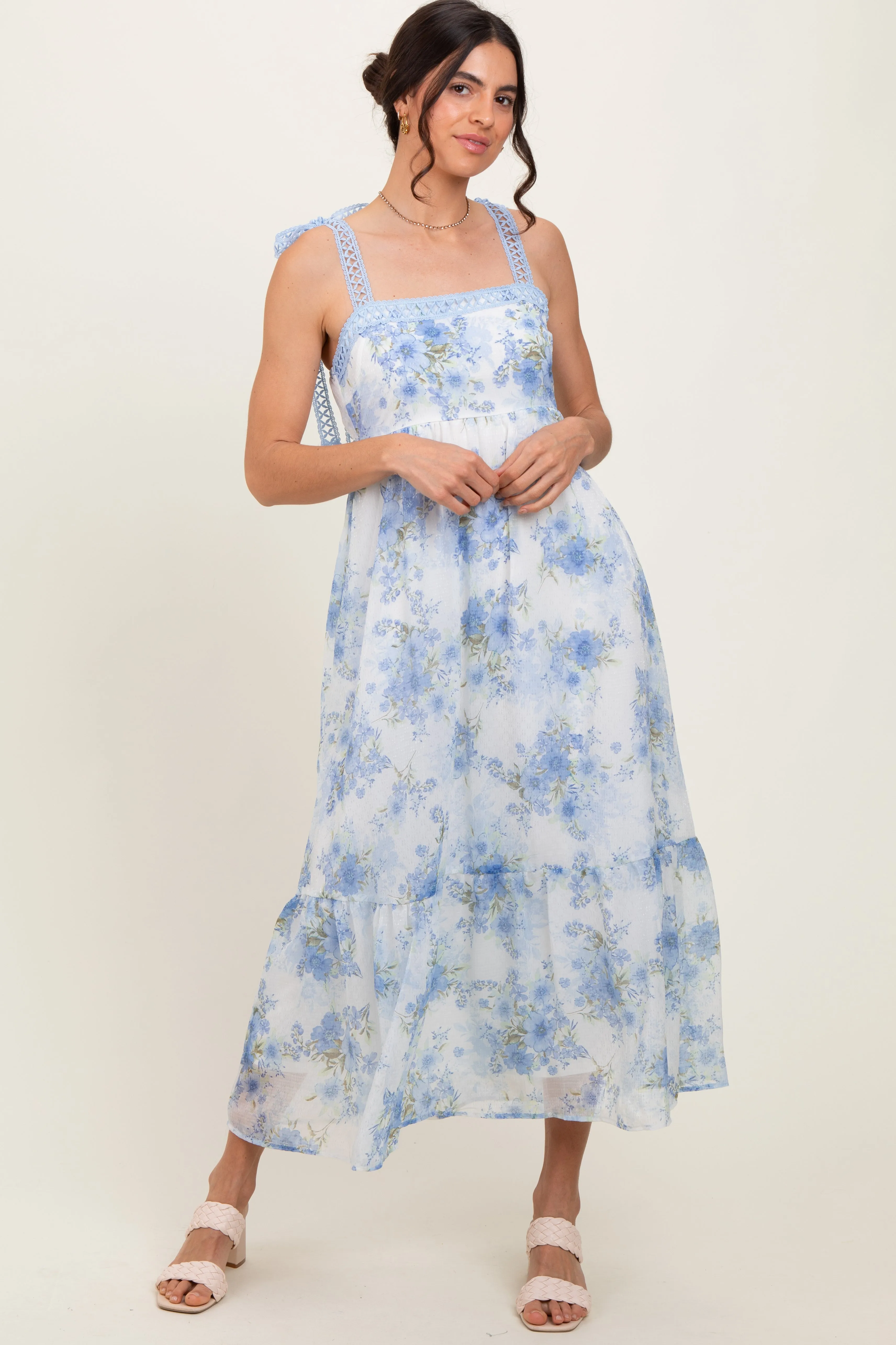 Blue Floral Chiffon Overlay Lace Shoulder Tie Midi Dress sold by Pinkblush