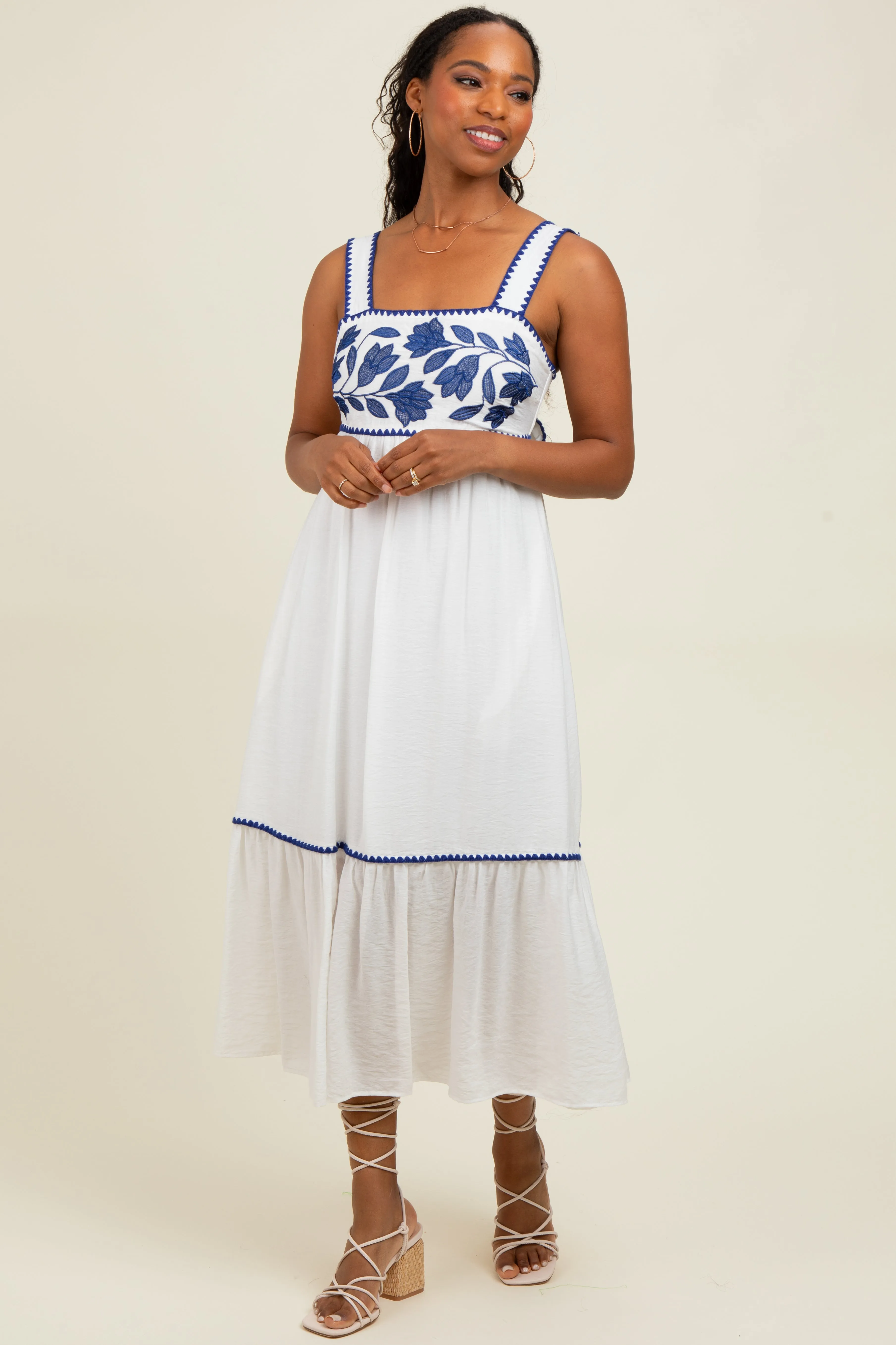 White Floral Embroidered Cutout Tie Back Midi Dress sold by Pinkblush product image thumbnail 2