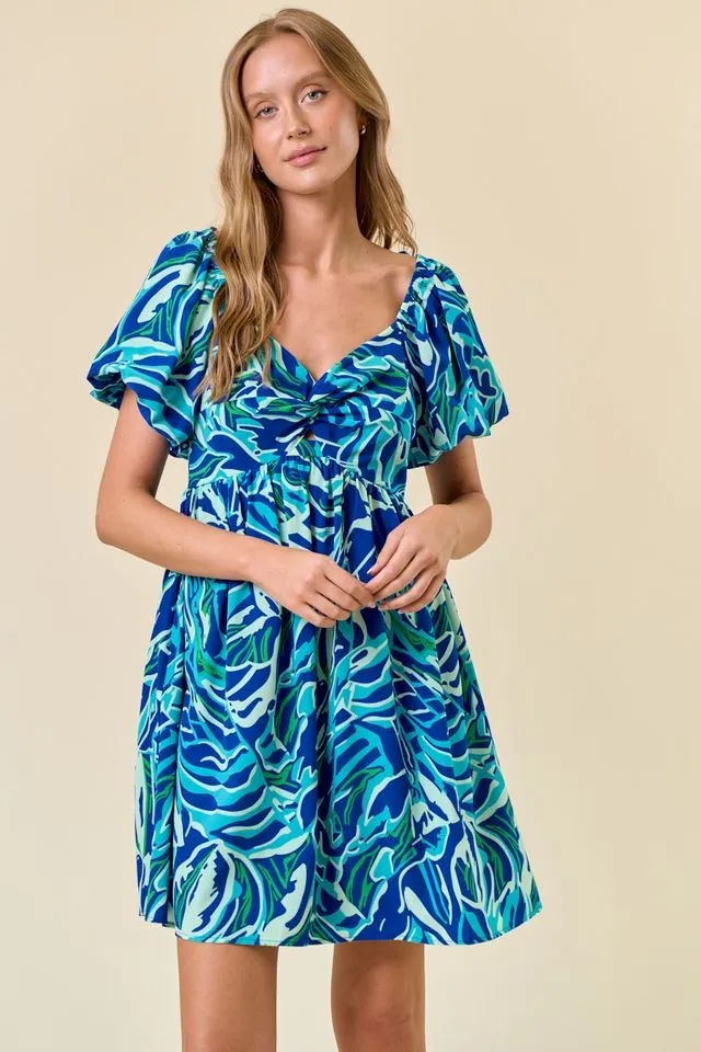 Blue Printed Twisted Front Mini Dress sold by Pinkblush