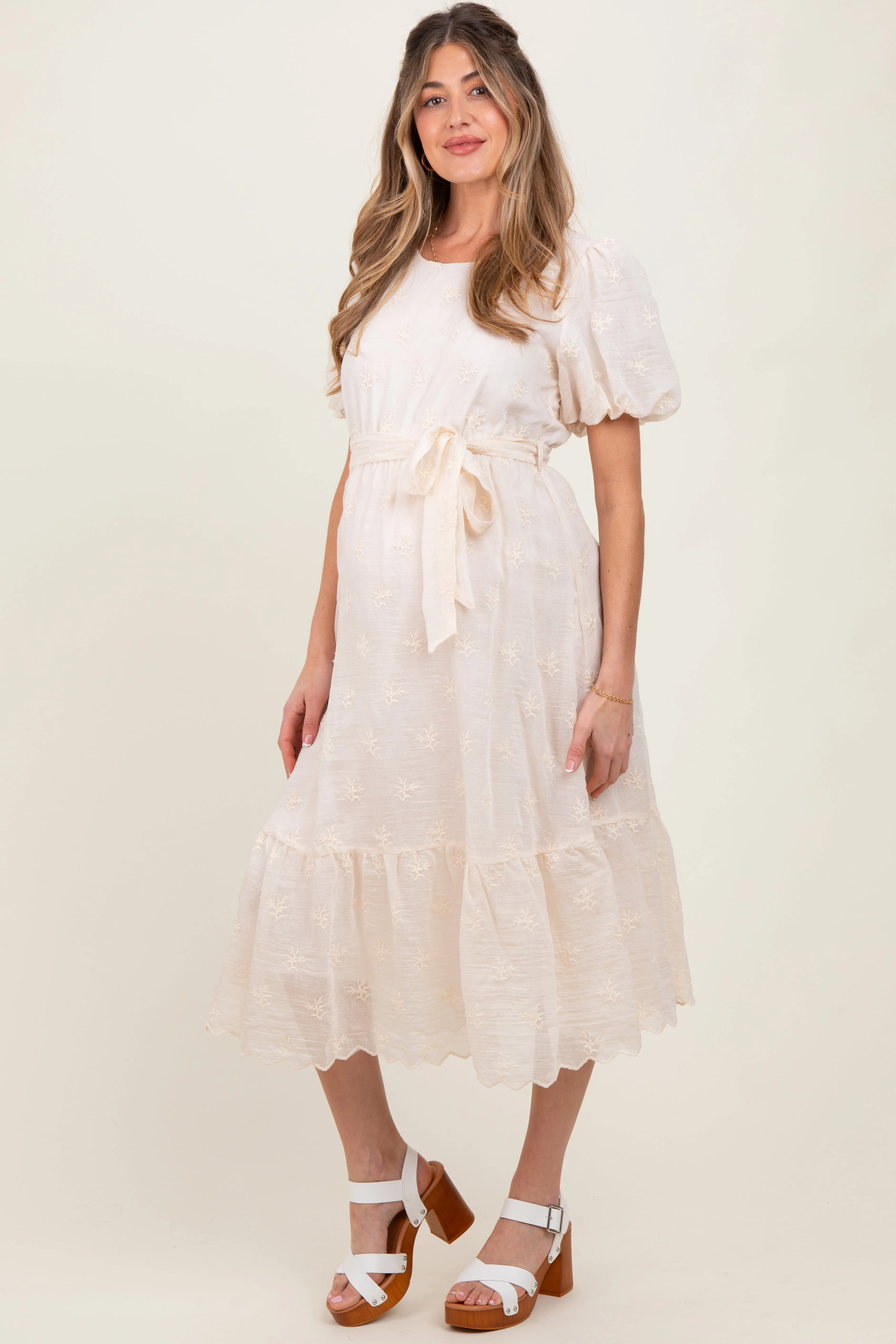 Ivory Embroidered Tied Waist Short Sleeve Maternity Midi Dress sold by Pinkblush product image thumbnail 3