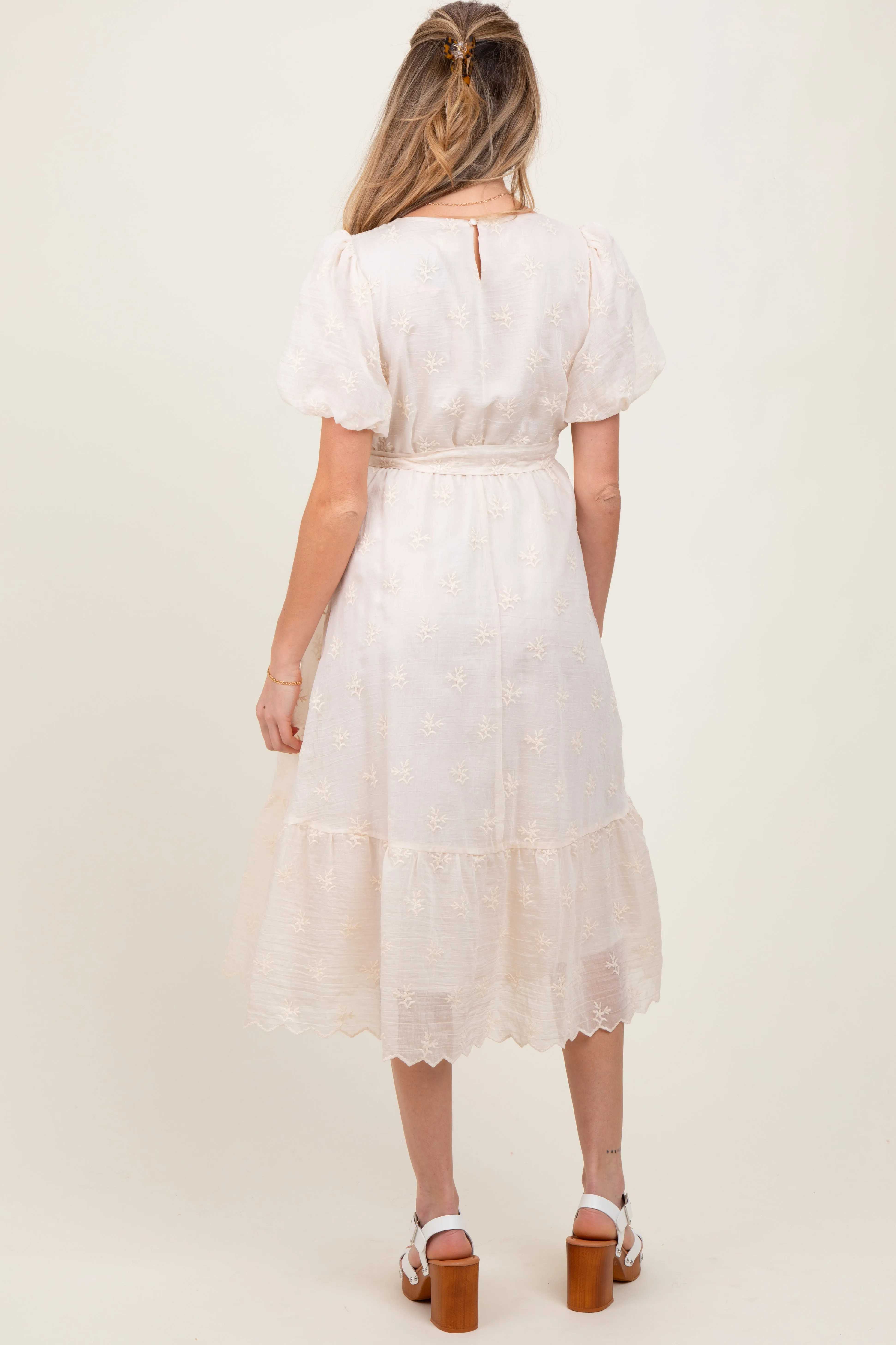Ivory Embroidered Tied Waist Short Sleeve Maternity Midi Dress sold by Pinkblush product image thumbnail 4