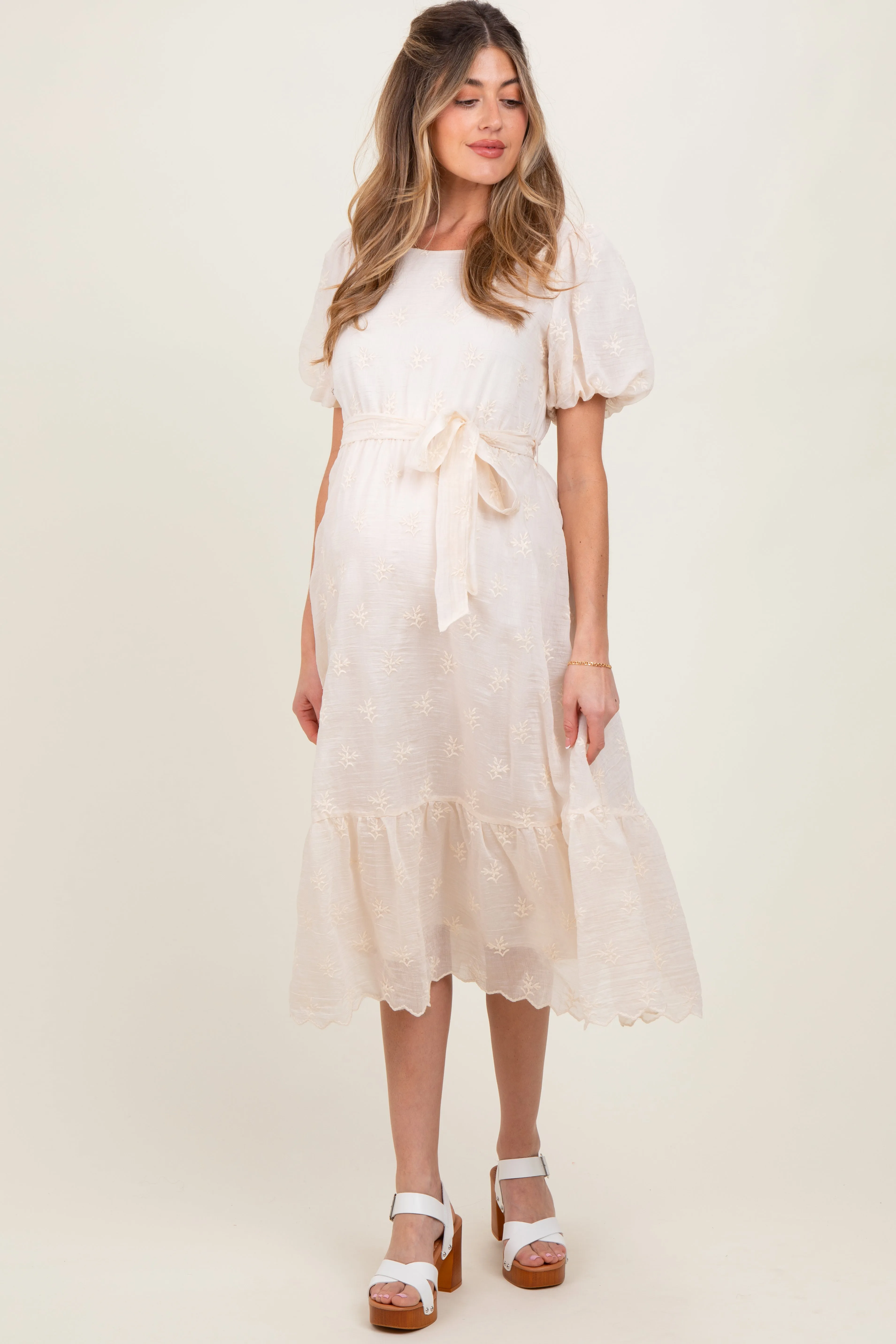 Ivory Embroidered Tied Waist Short Sleeve Maternity Midi Dress sold by Pinkblush