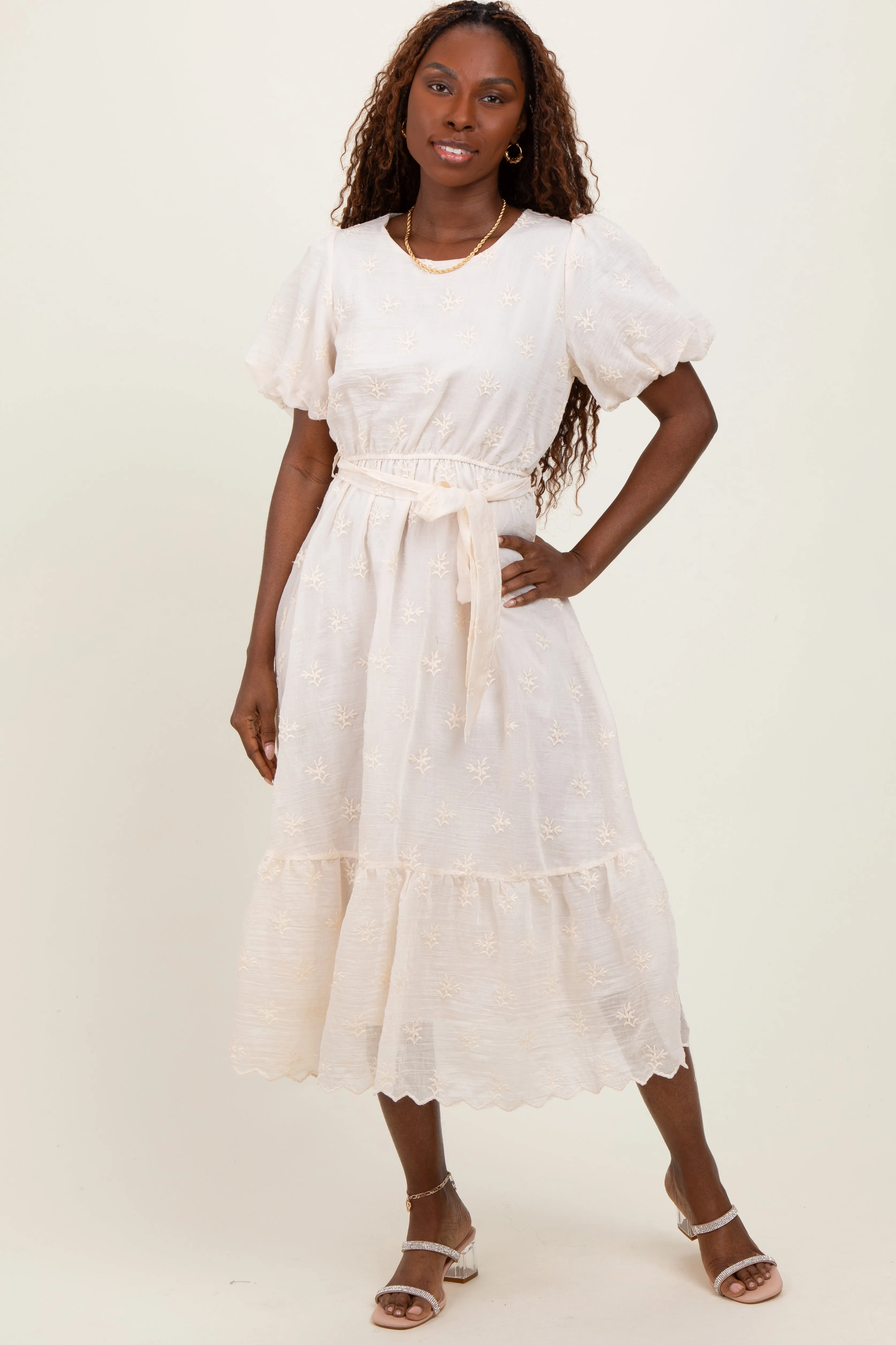 Ivory Embroidered Tied Waist Short Sleeve Maternity Midi Dress sold by Pinkblush product image thumbnail 5