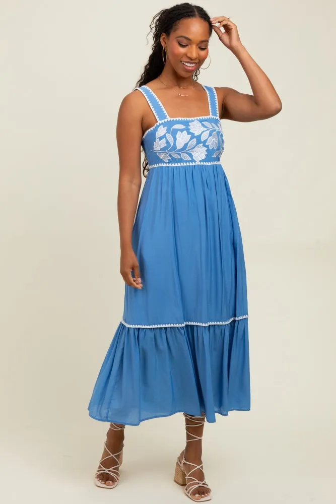 Blue Floral Embroidered Cutout Tie Back Midi Dress sold by Pinkblush product image thumbnail 2