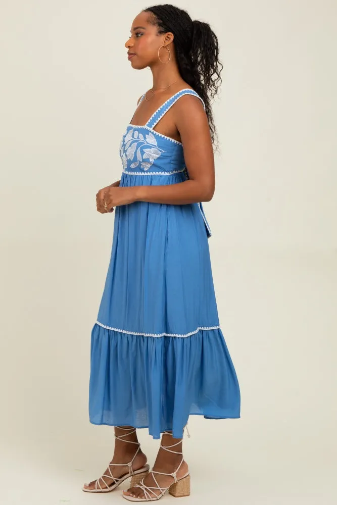 Blue Floral Embroidered Cutout Tie Back Midi Dress sold by Pinkblush product image thumbnail 3