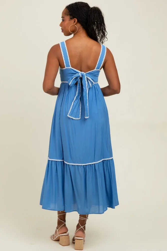 Blue Floral Embroidered Cutout Tie Back Midi Dress sold by Pinkblush product image thumbnail 4