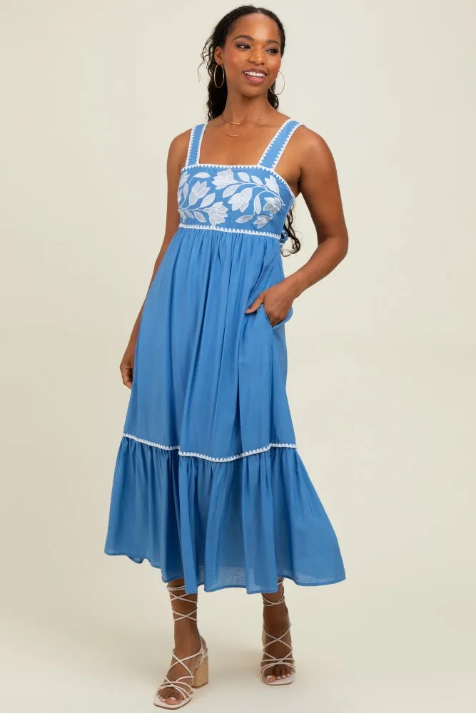 Blue Floral Embroidered Cutout Tie Back Midi Dress sold by Pinkblush