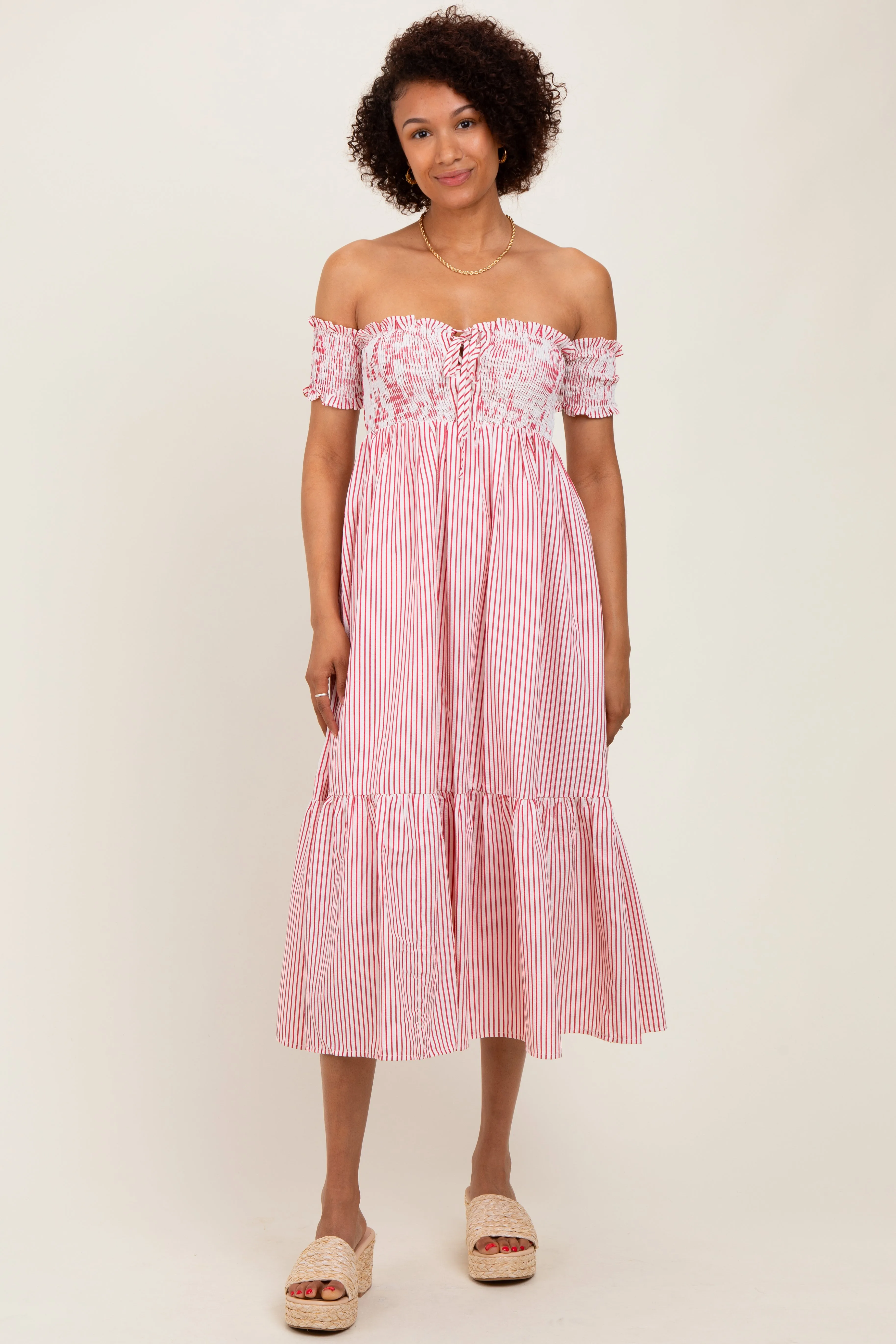 Red Striped Floral Colorblock Off Shoulder Midi Dress sold by Pinkblush product image thumbnail 2