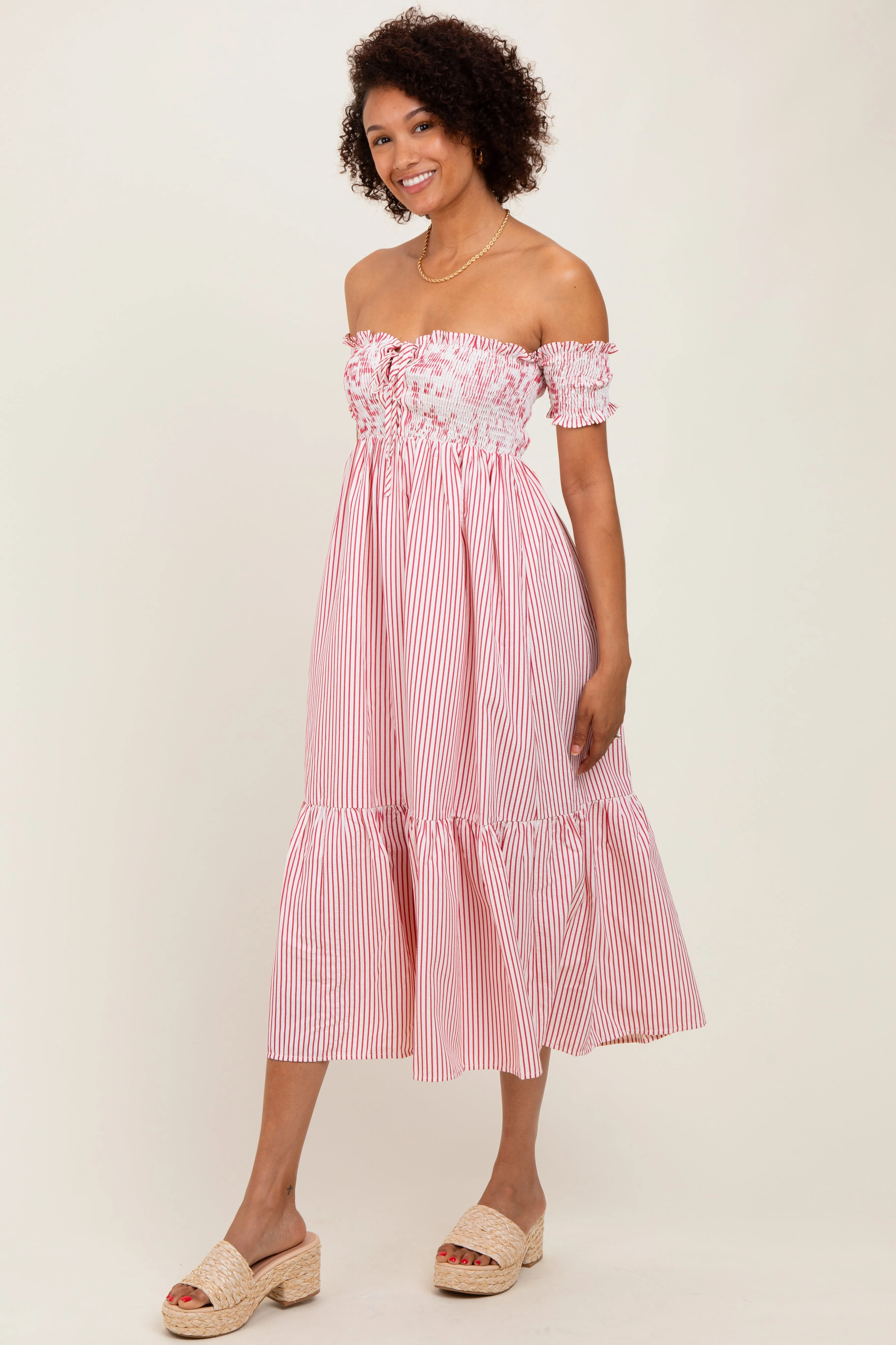 Red Striped Floral Colorblock Off Shoulder Midi Dress sold by Pinkblush product image thumbnail 3