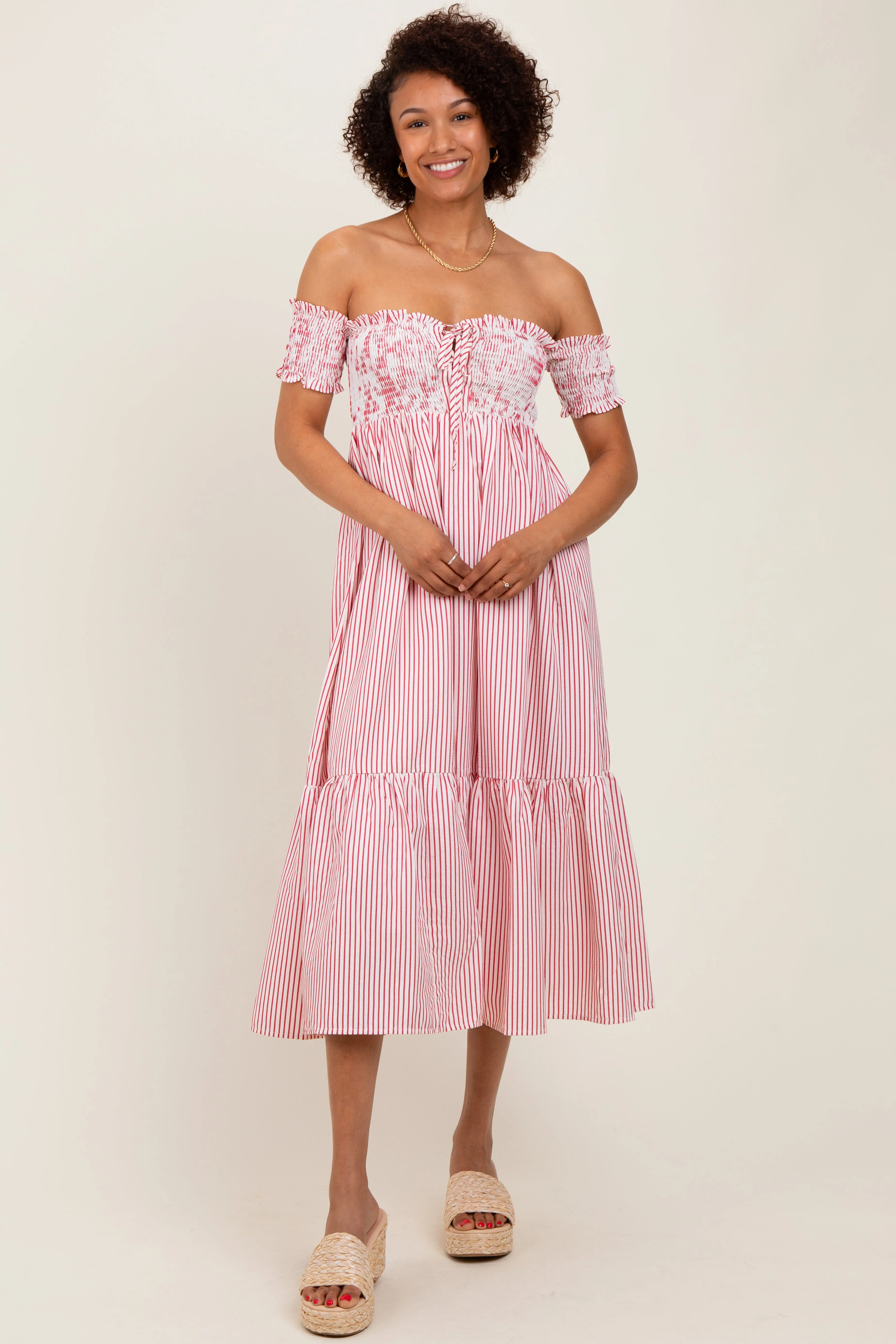 Red Striped Floral Colorblock Off Shoulder Midi Dress sold by Pinkblush