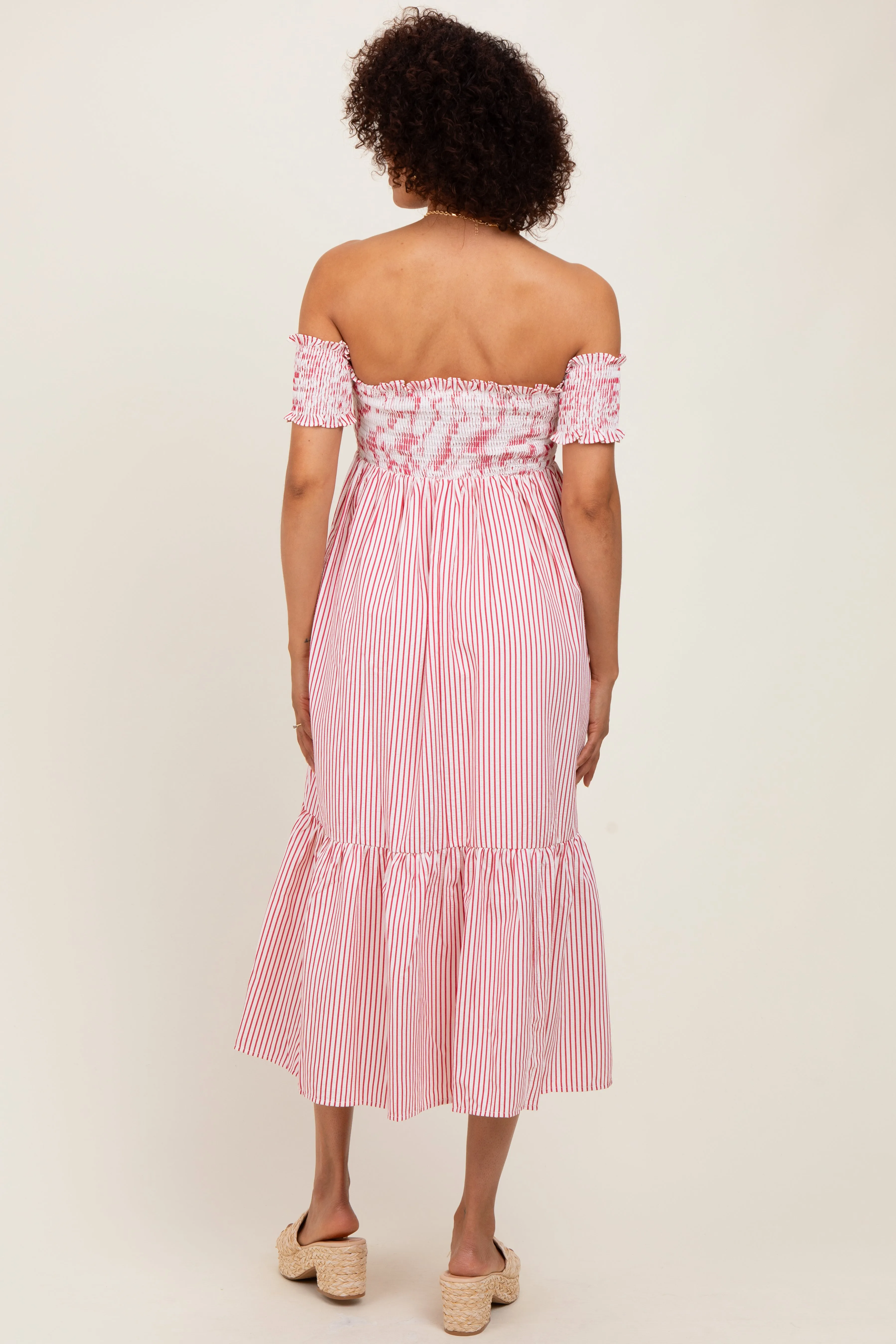 Red Striped Floral Colorblock Off Shoulder Midi Dress sold by Pinkblush product image thumbnail 4