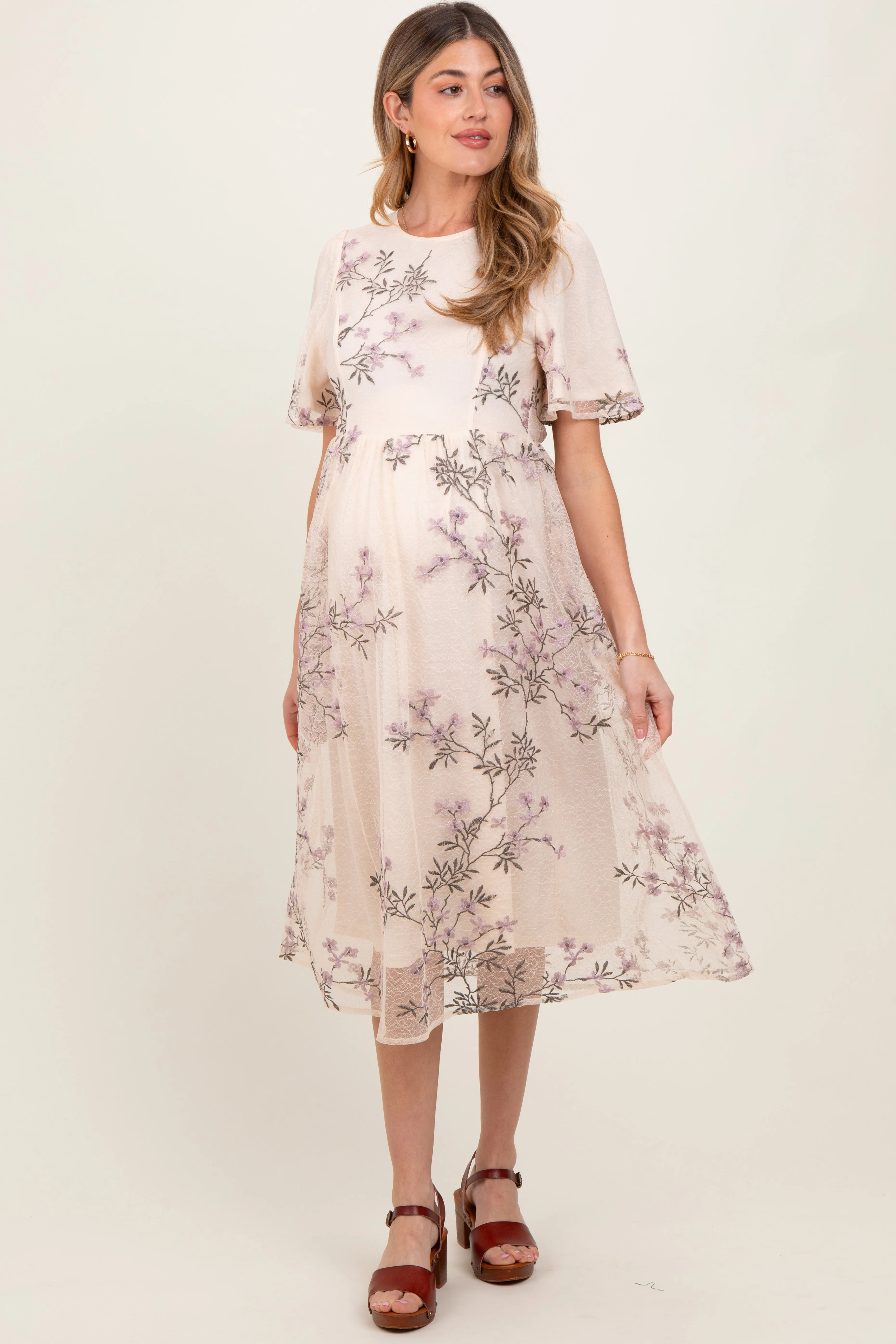 Ivory Floral Embroidered Mesh Maternity Midi Dress sold by Pinkblush