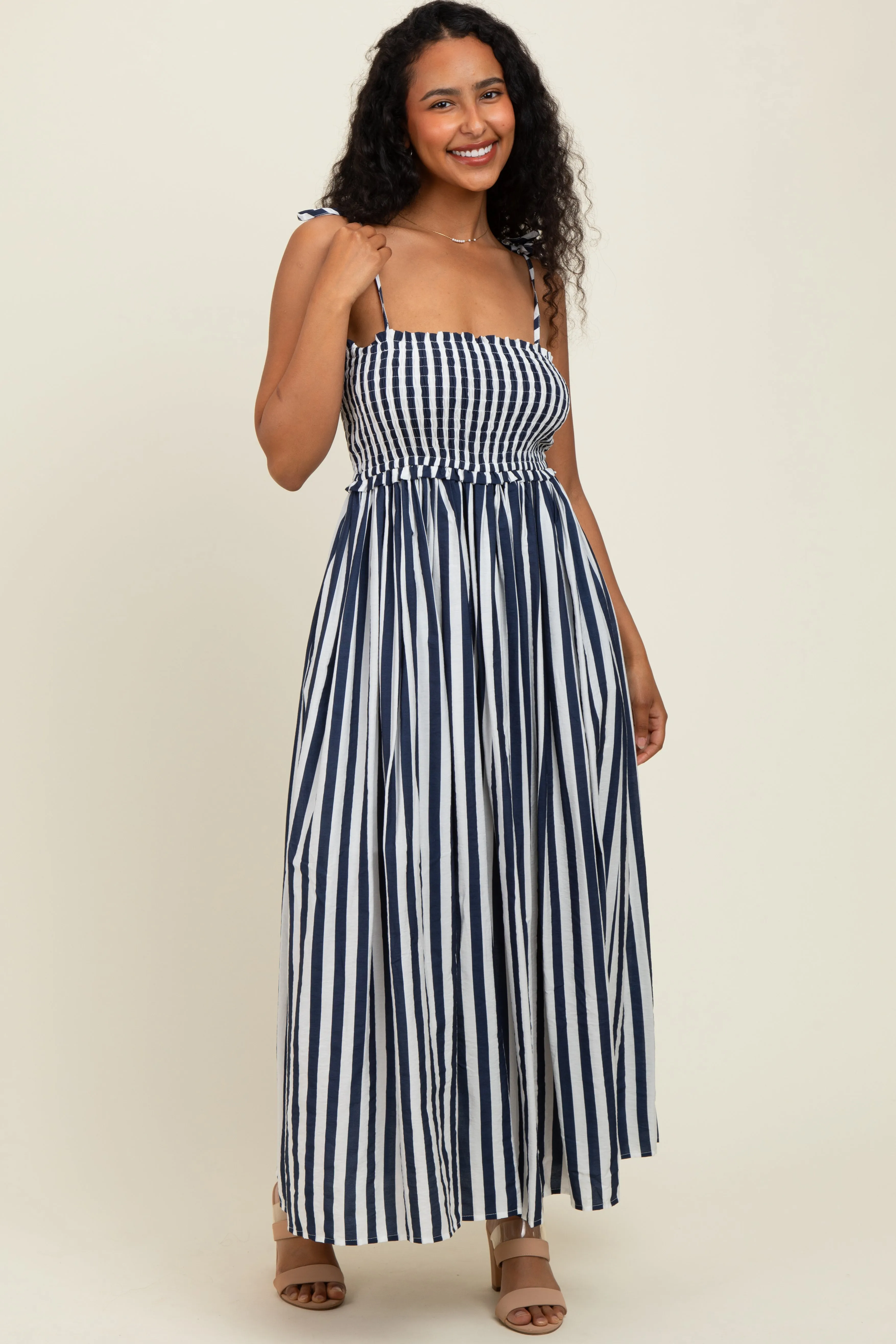 Navy Striped Smocked Shoulder Tie Maternity Midi Dress sold by Pinkblush product image thumbnail 5