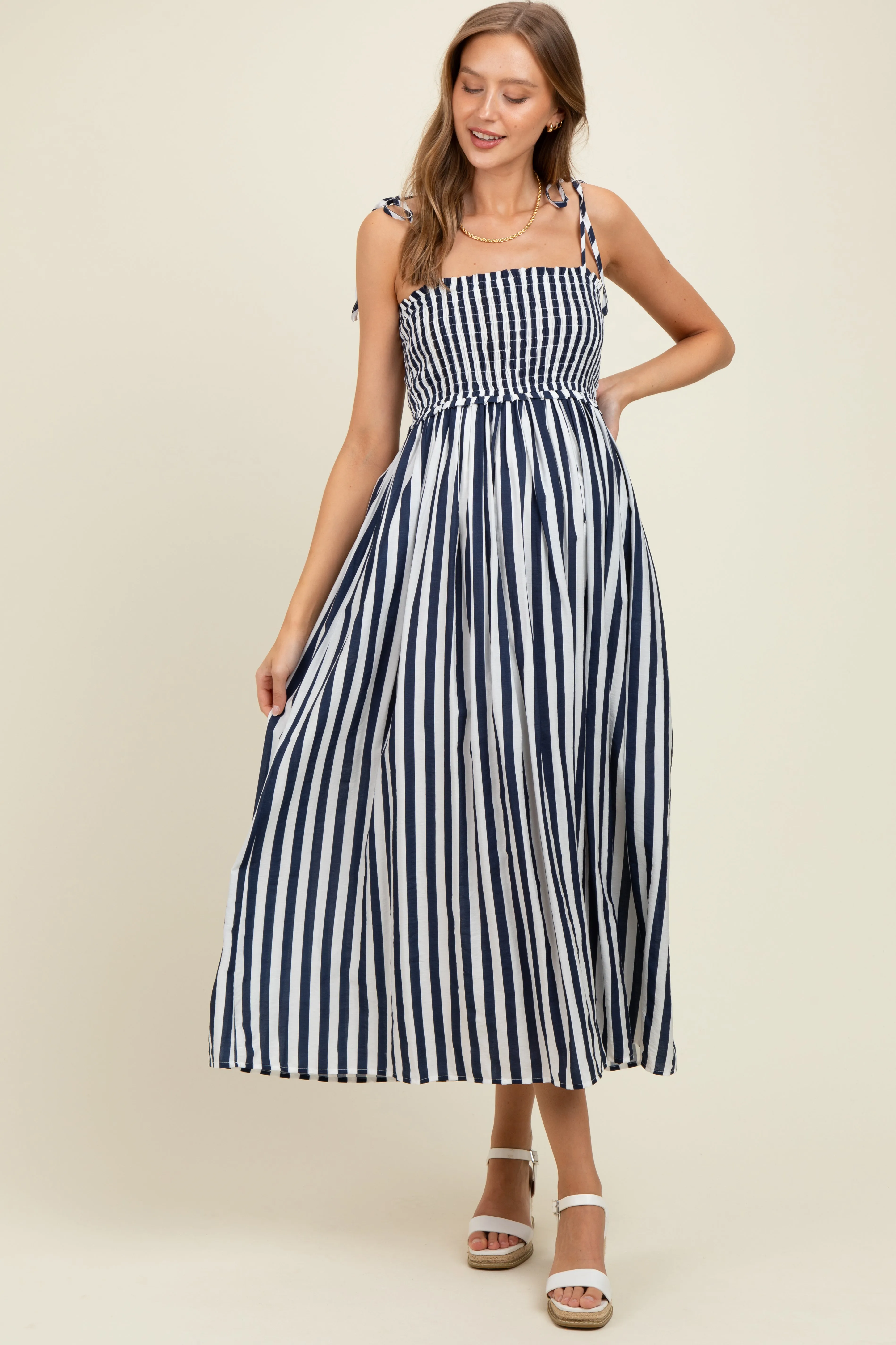 Navy Striped Smocked Shoulder Tie Maternity Midi Dress sold by Pinkblush product image thumbnail 2