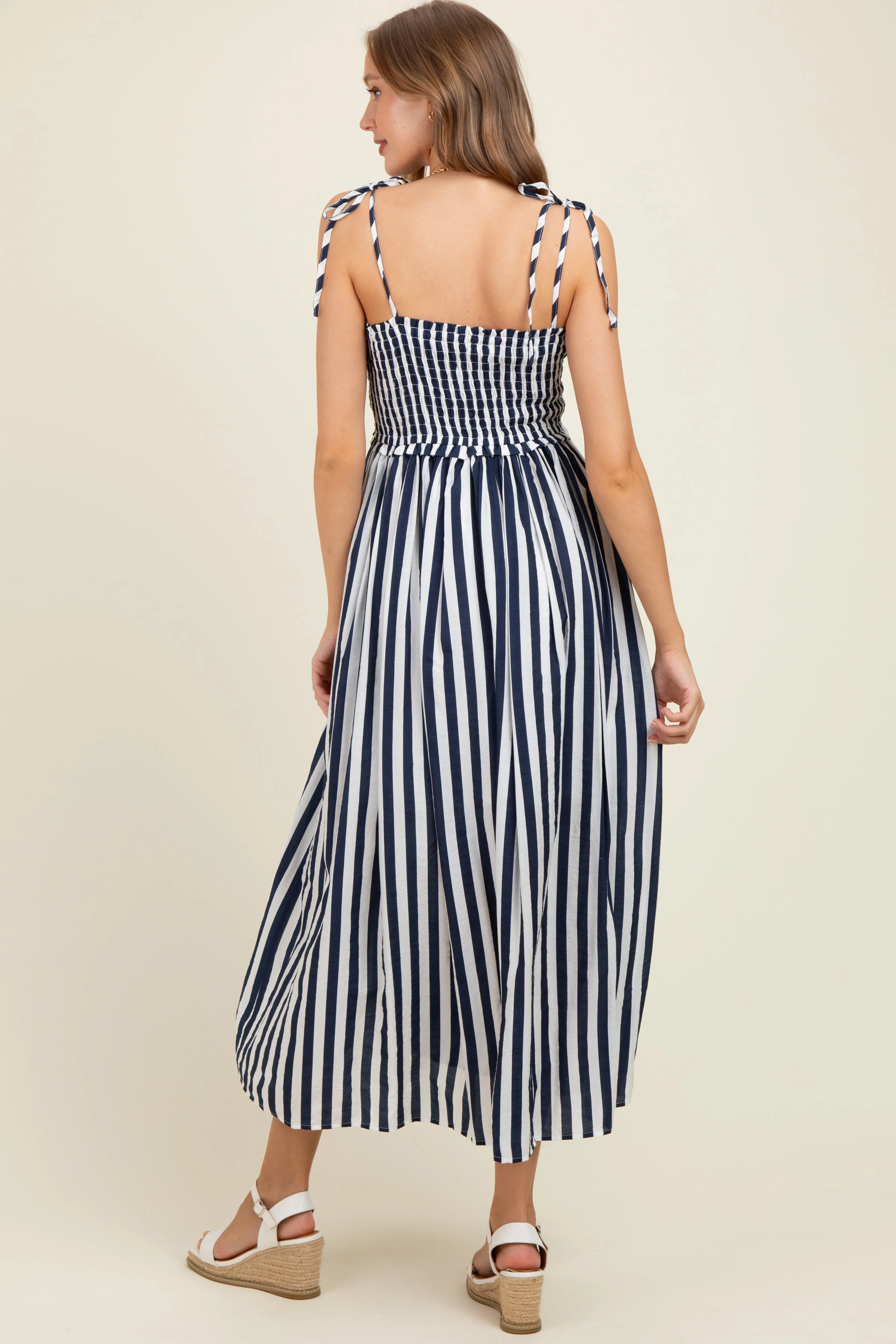 Navy Striped Smocked Shoulder Tie Maternity Midi Dress sold by Pinkblush product image thumbnail 4