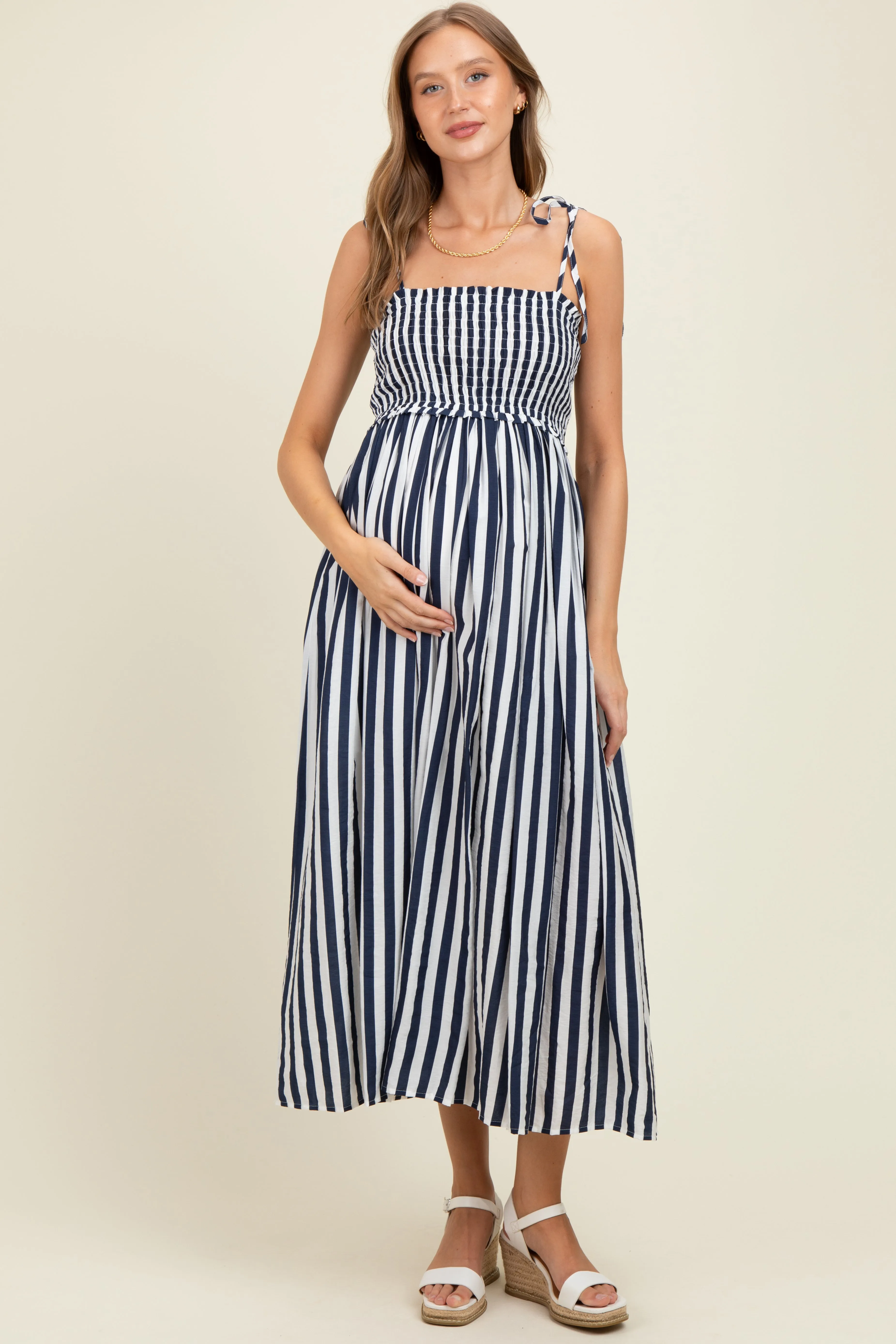 Navy Striped Smocked Shoulder Tie Maternity Midi Dress sold by Pinkblush