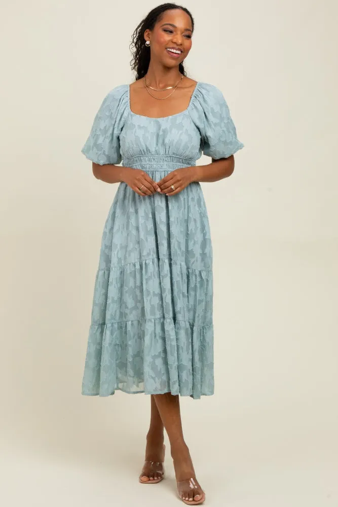 Light Blue Textured Floral Short Sleeve Midi Dress sold by Pinkblush
