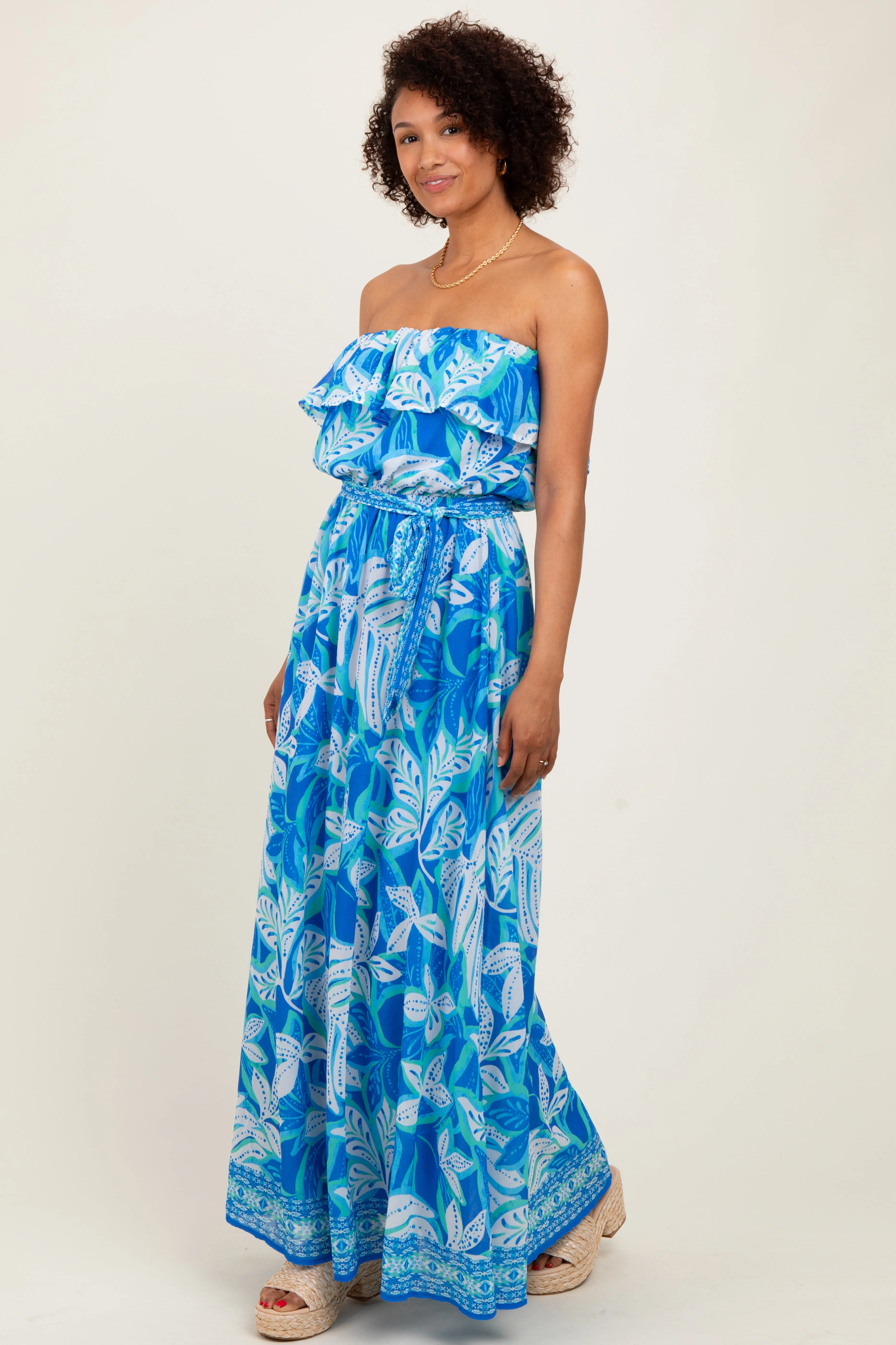 Blue Floral Chiffon Flounce Strapless Maxi Dress sold by Pinkblush product image thumbnail 3