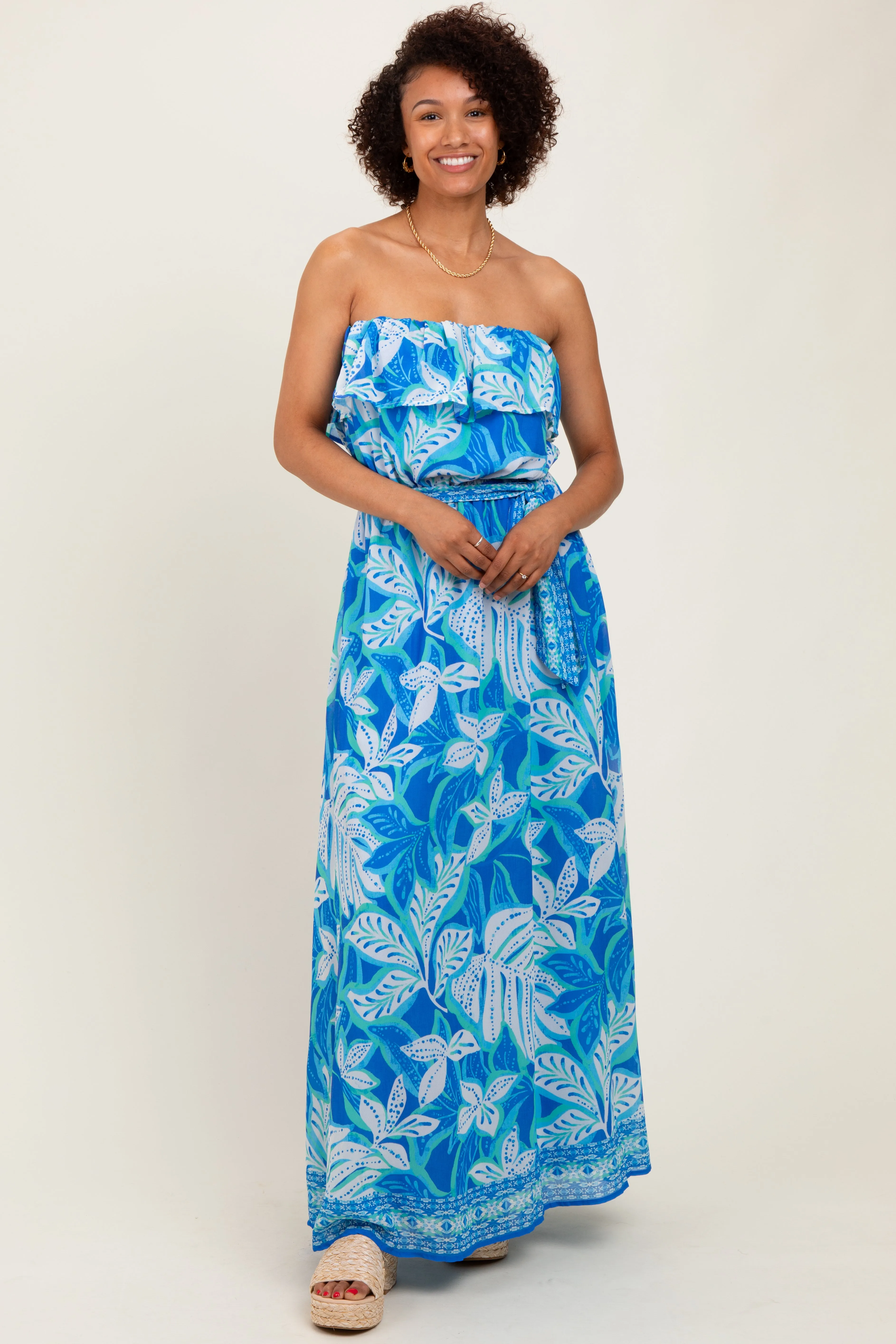Blue Floral Chiffon Flounce Strapless Maxi Dress sold by Pinkblush product image thumbnail 2