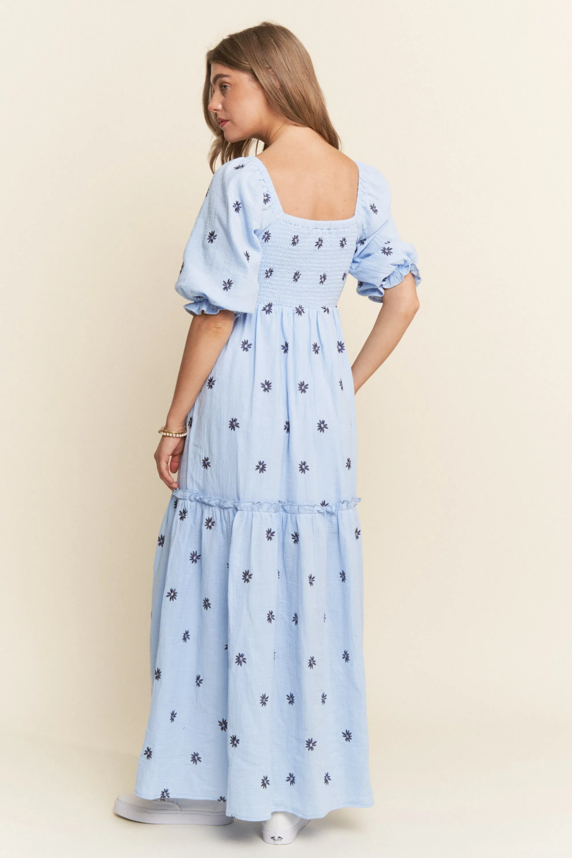 Light Blue Floral Smocked Puff Sleeve Maxi Dress sold by Pinkblush product image thumbnail 3