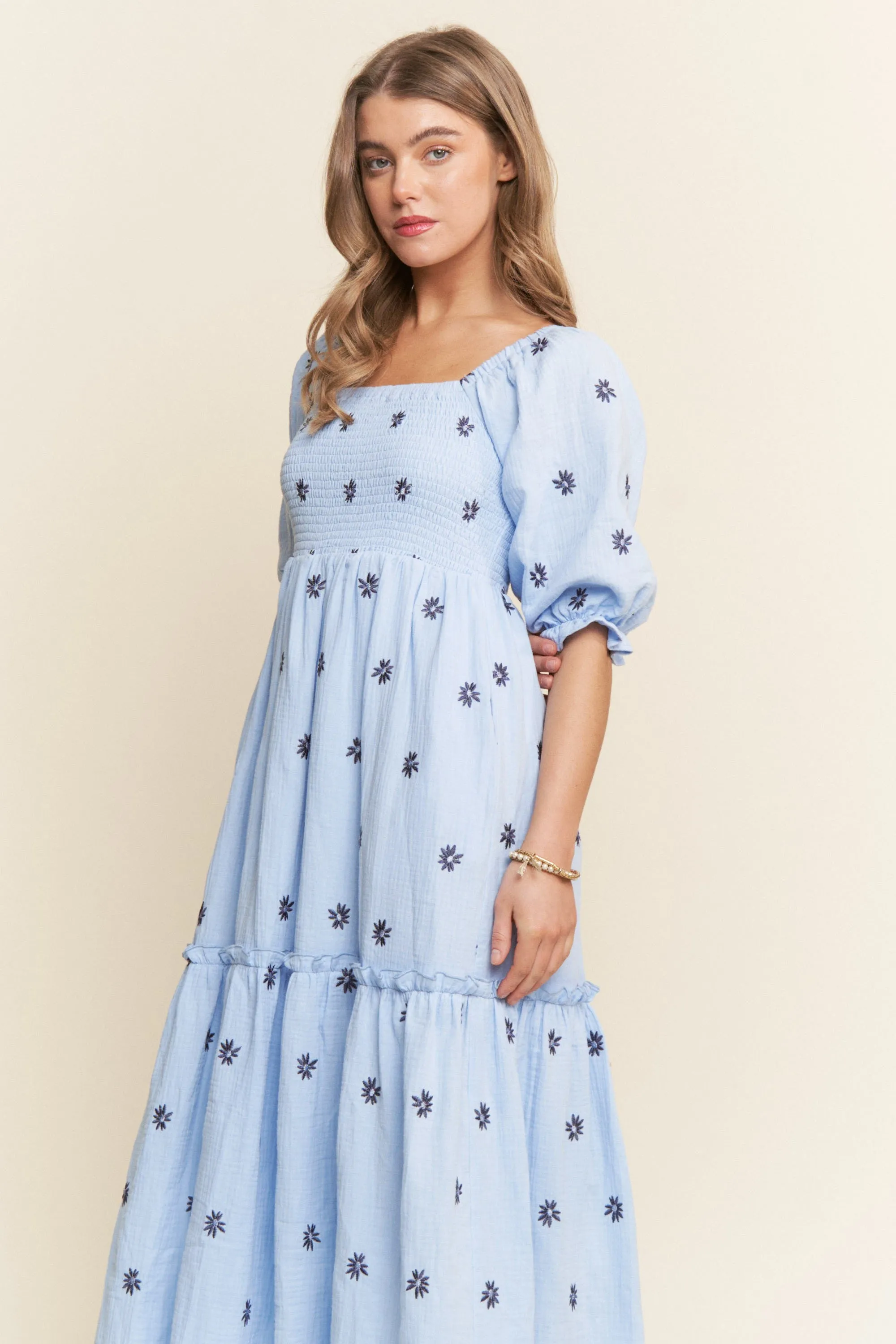 Light Blue Floral Smocked Puff Sleeve Maxi Dress sold by Pinkblush product image thumbnail 4