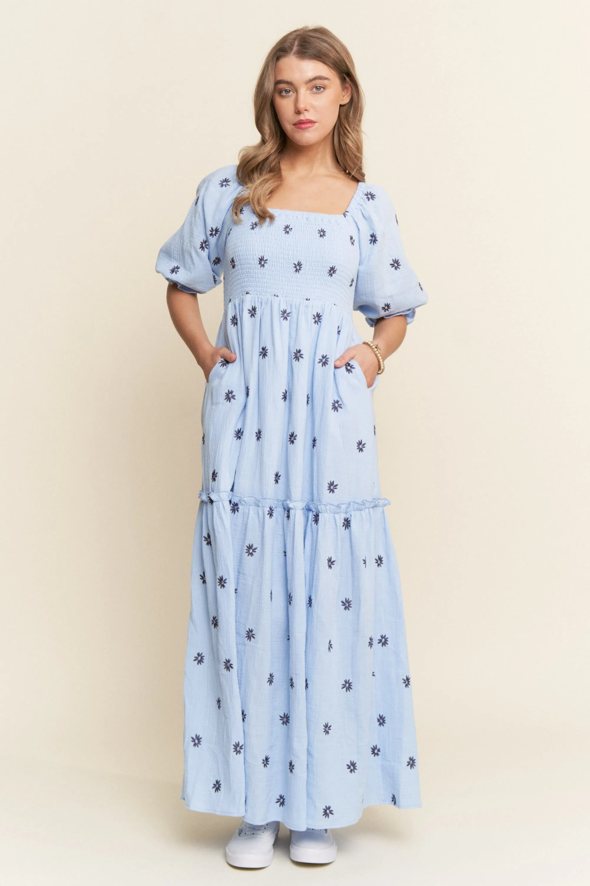 Light Blue Floral Smocked Puff Sleeve Maxi Dress sold by Pinkblush