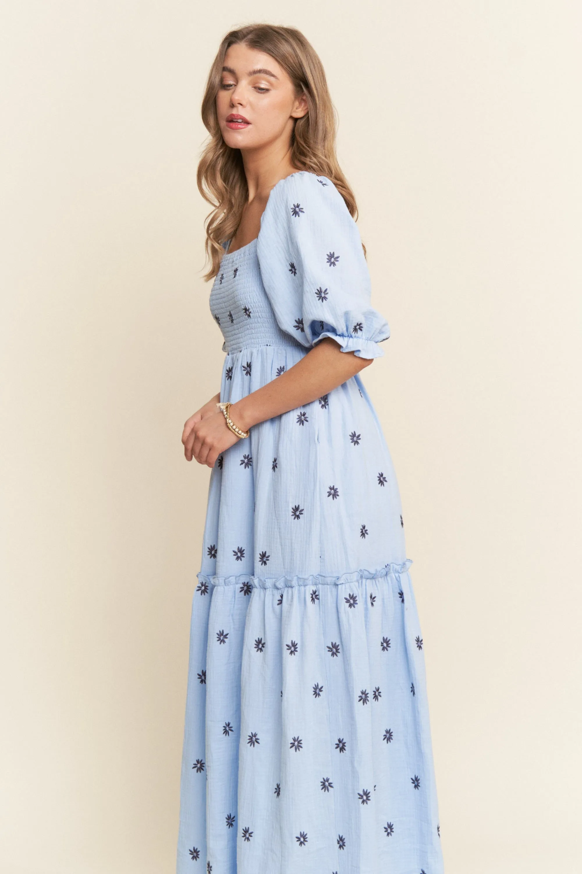 Light Blue Floral Smocked Puff Sleeve Maxi Dress sold by Pinkblush product image thumbnail 2