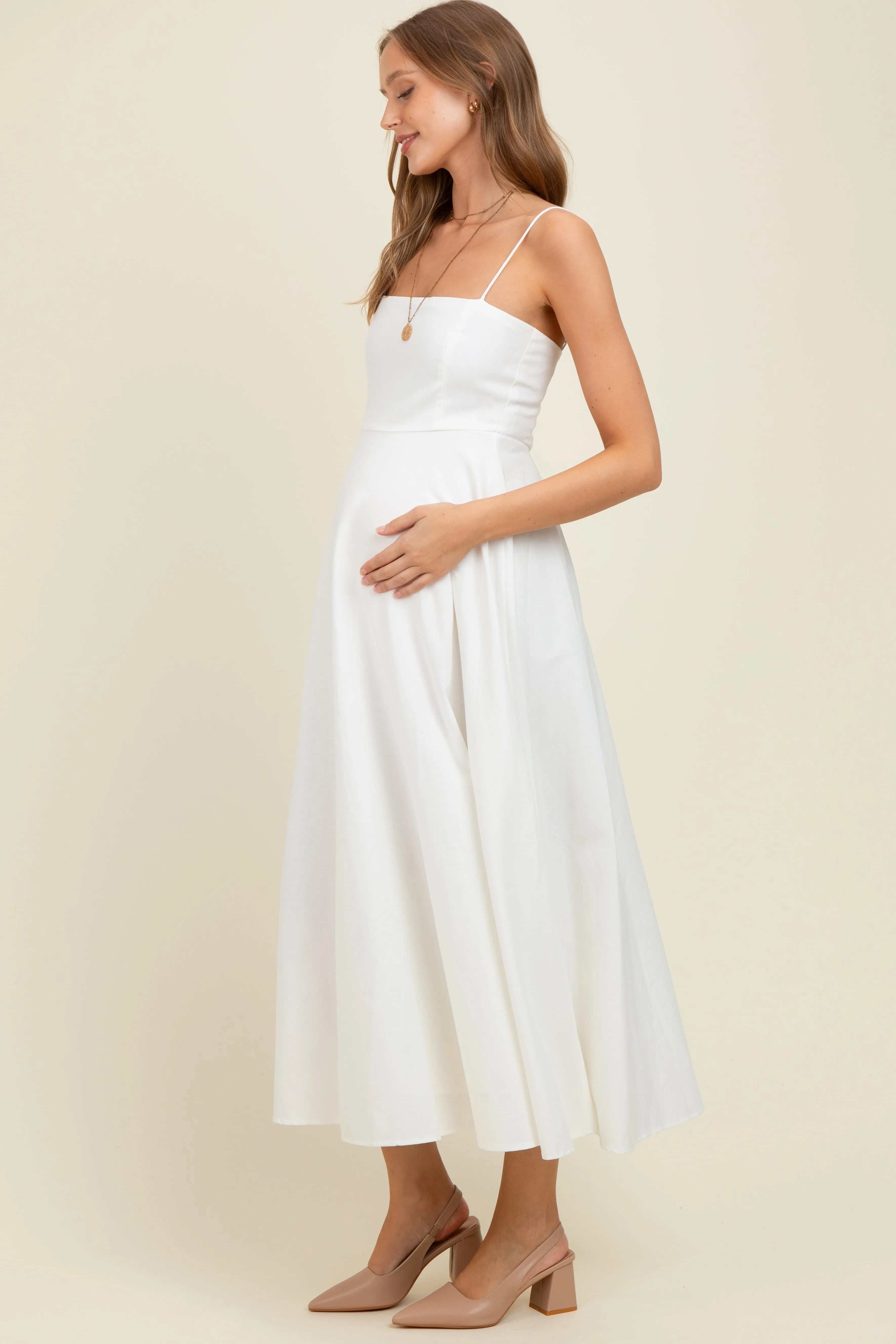 White Linen A-Line Flared Maternity Midi Dress sold by Pinkblush product image thumbnail 3