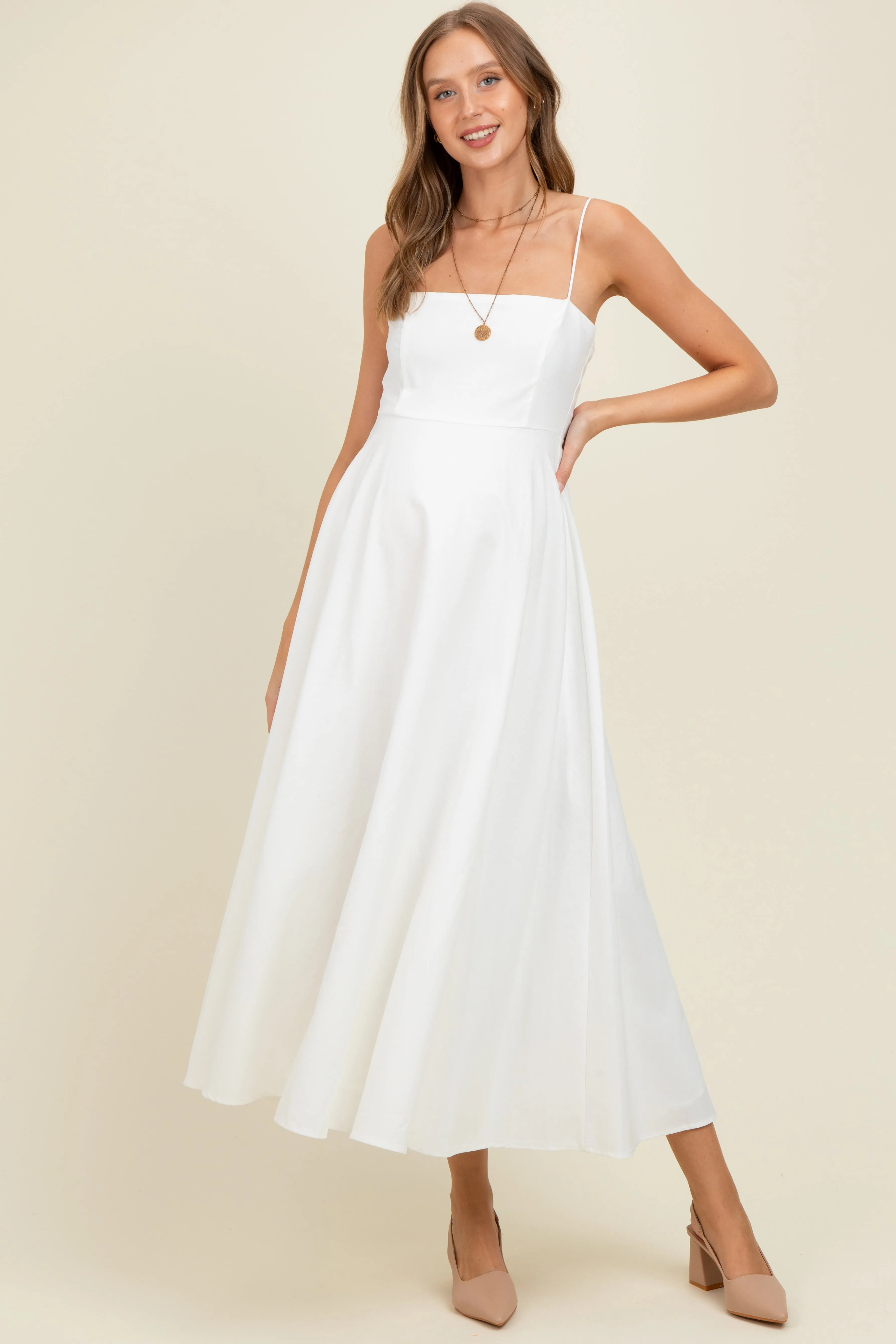 White Linen A-Line Flared Maternity Midi Dress sold by Pinkblush