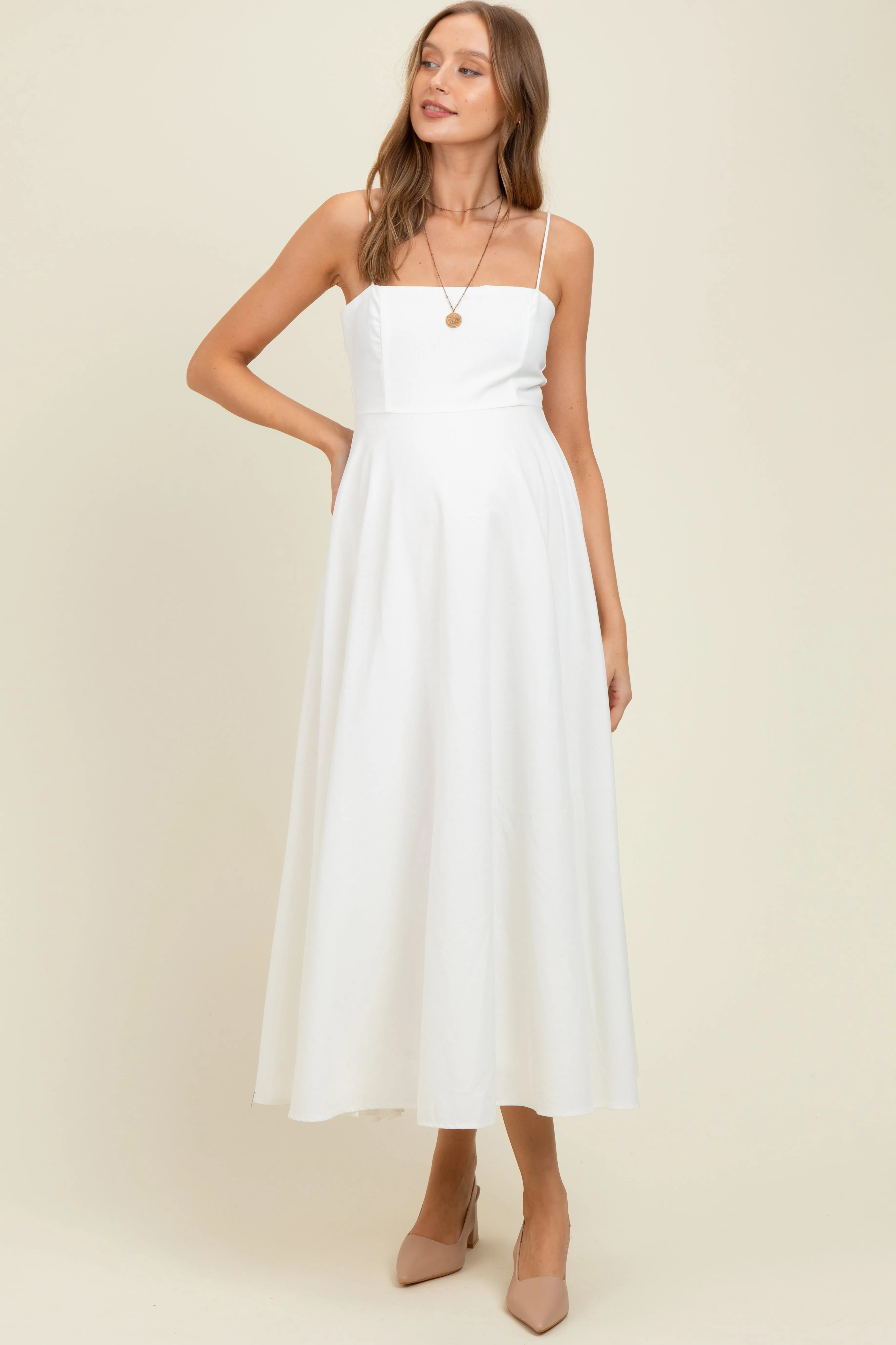 White Linen A-Line Flared Maternity Midi Dress sold by Pinkblush product image thumbnail 2