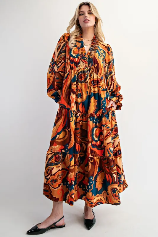 Peach Paisley V-Neck Long Sleeve Tiered Maxi Dress sold by Pinkblush