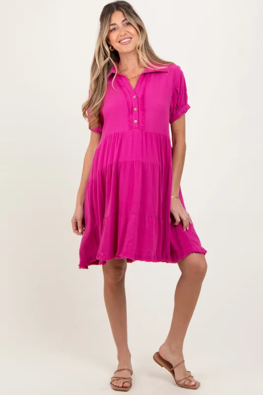 Fuchsia Tiered Collared Linen Maternity Dress sold by Pinkblush