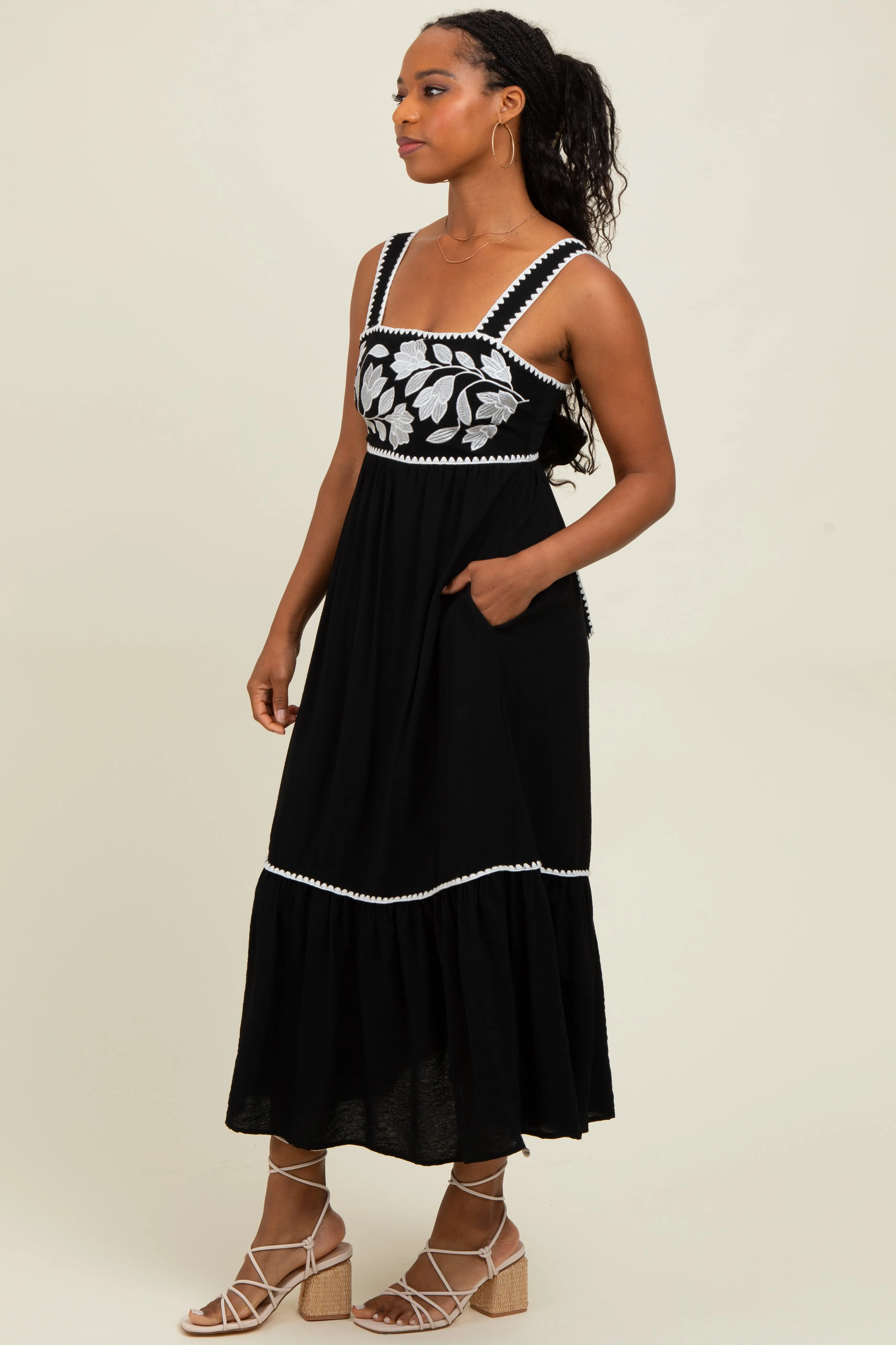 Black Floral Embroidered Cutout Tie Back Midi Dress sold by Pinkblush product image thumbnail 3