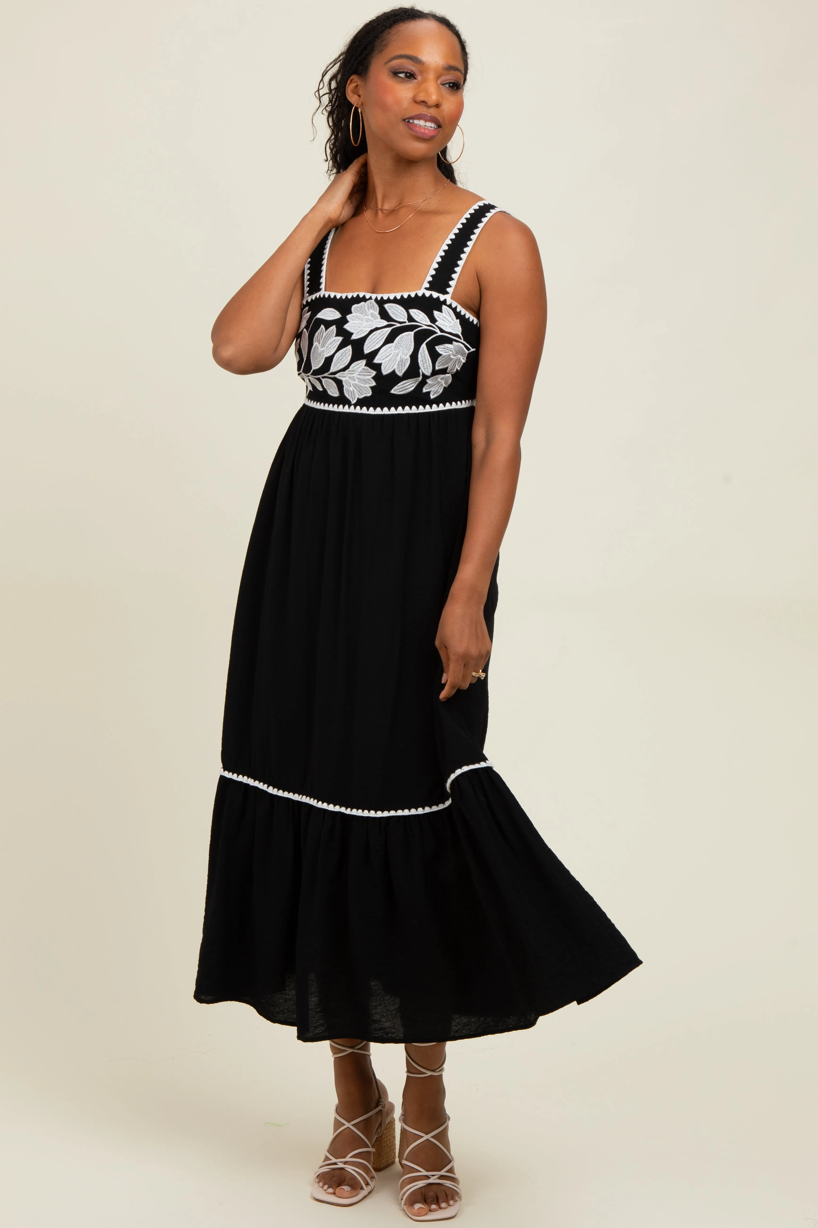 Black Floral Embroidered Cutout Tie Back Midi Dress sold by Pinkblush product image thumbnail 2