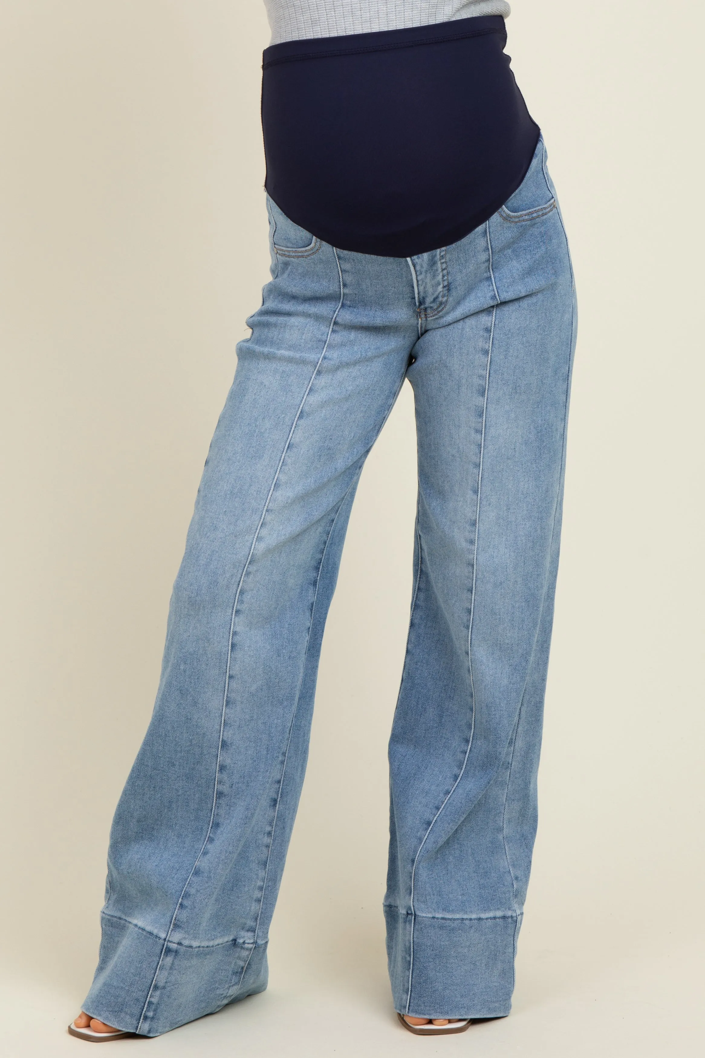 Blue Front Seam Wide Flare Leg Maternity Jeans sold by Pinkblush product image thumbnail 2