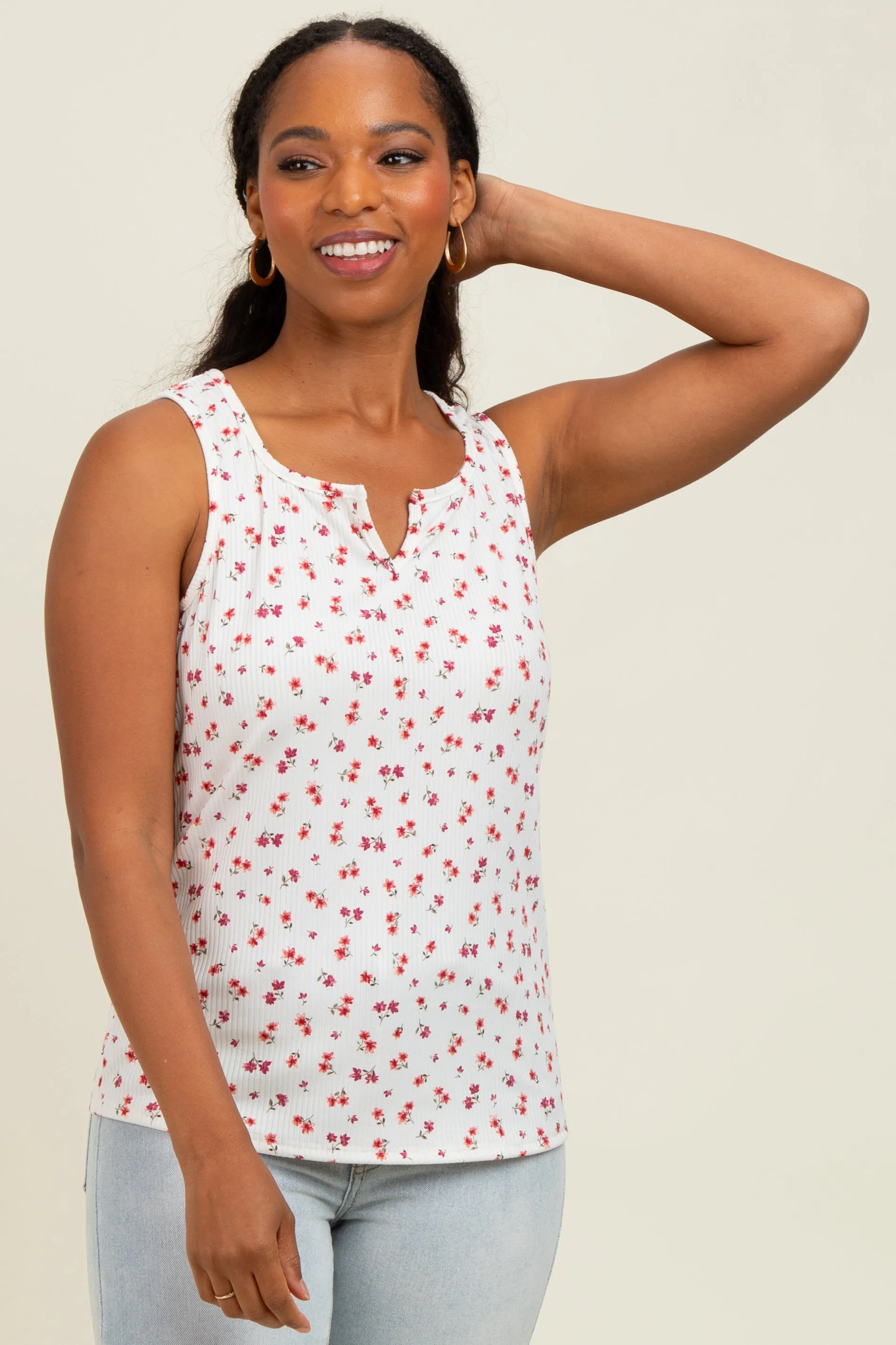 Ivory Floral Ribbed Split Neck Maternity Tank Top sold by Pinkblush product image thumbnail 5