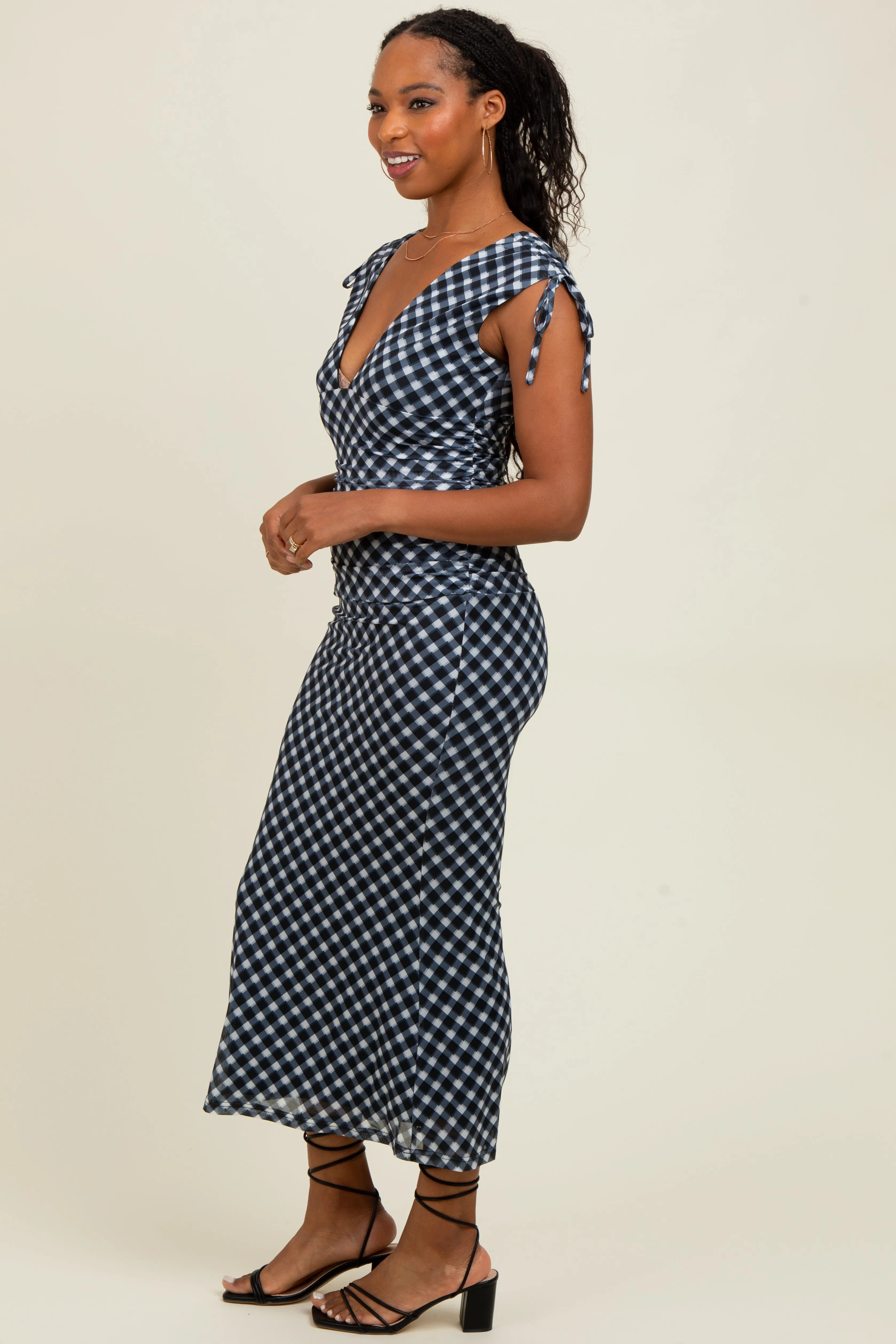 Black Ruched Gingham Shoulder Tie Maxi Dress sold by Pinkblush product image thumbnail 3