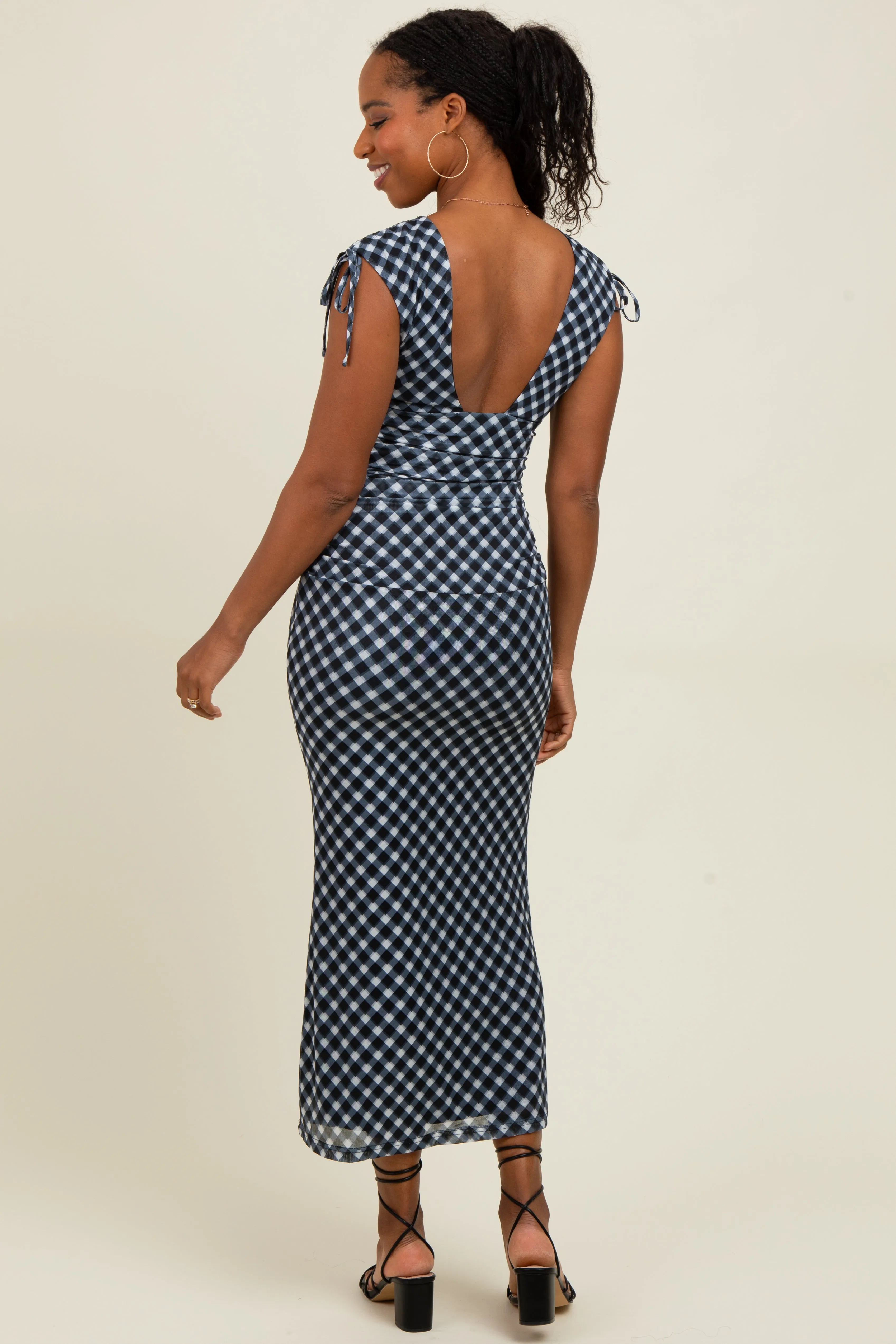 Black Ruched Gingham Shoulder Tie Maxi Dress sold by Pinkblush product image thumbnail 4