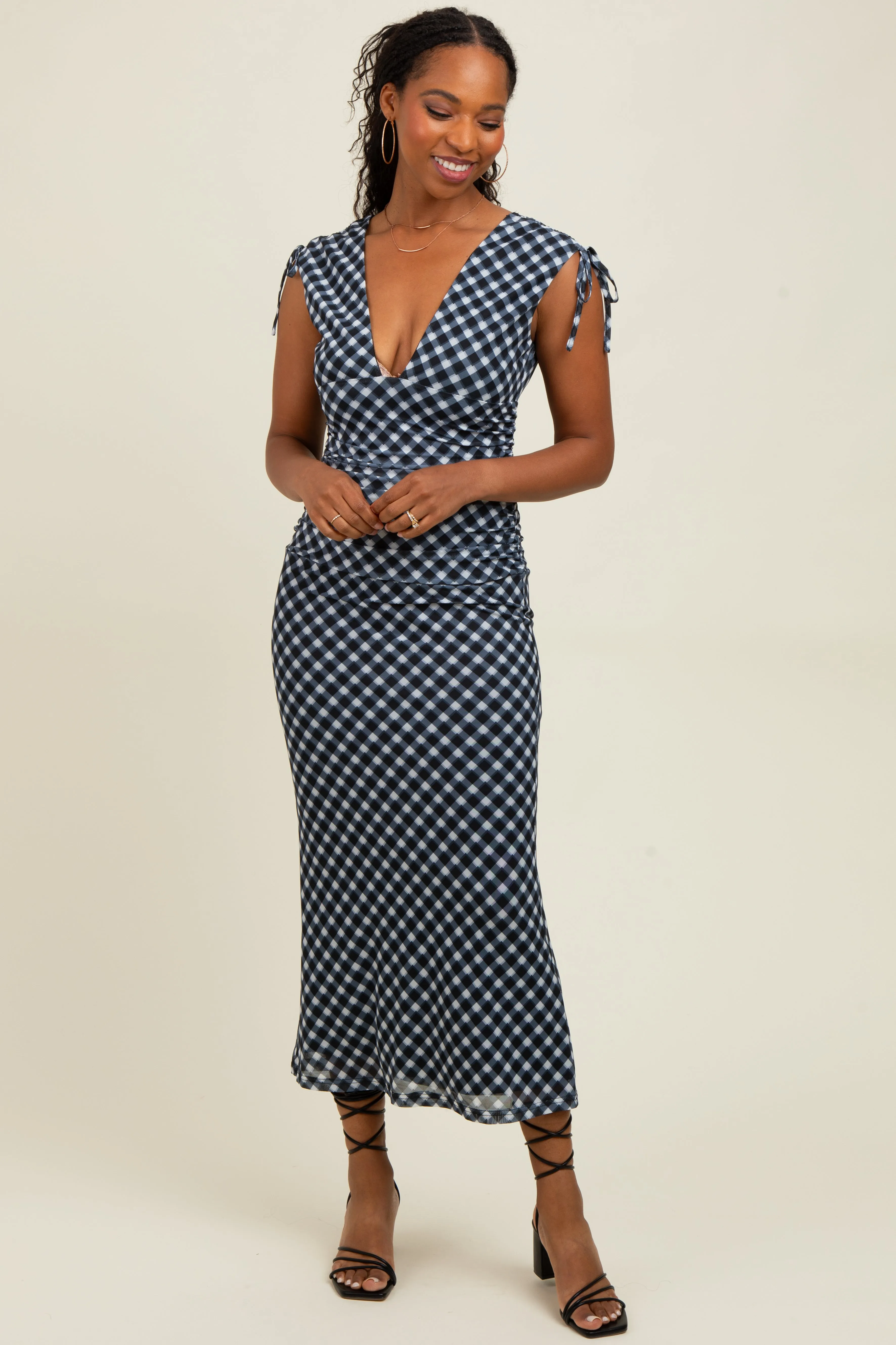 Black Ruched Gingham Shoulder Tie Maxi Dress sold by Pinkblush