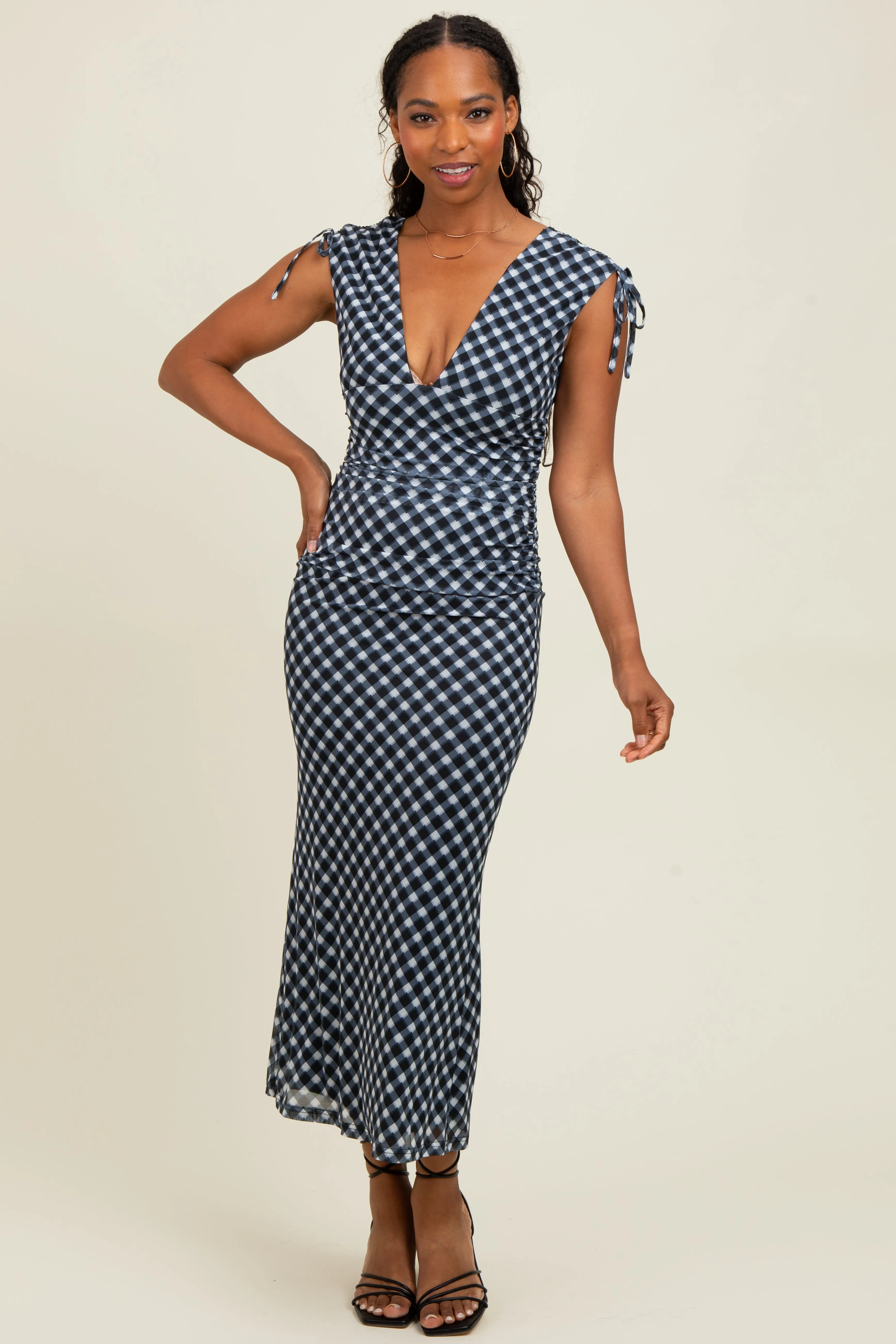 Black Ruched Gingham Shoulder Tie Maxi Dress sold by Pinkblush product image thumbnail 2