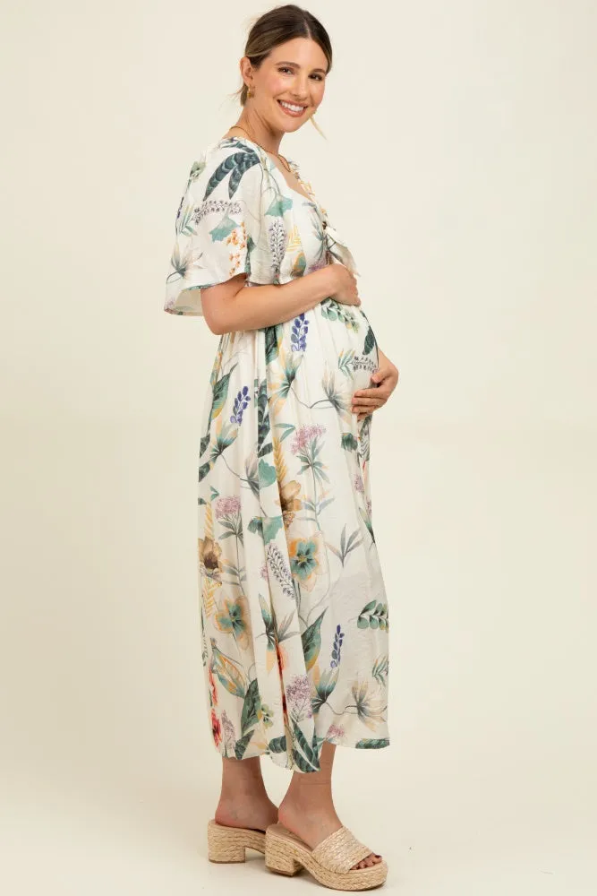 Cream Tropical Print Front Tie Flutter Sleeve Maternity Midi Dress sold by Pinkblush product image thumbnail 2